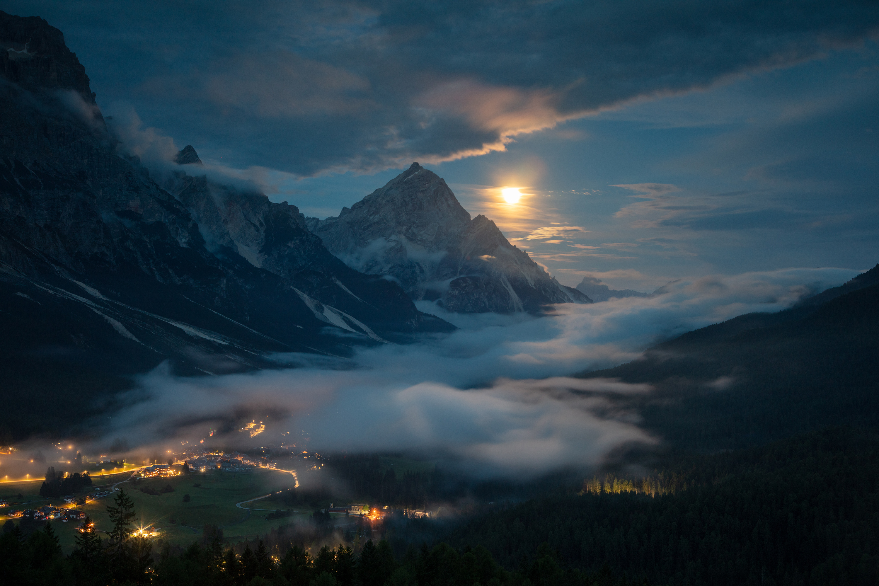 alps, italy, dolomites, passo, mountains, werewolf time, moon, night,  Gregor