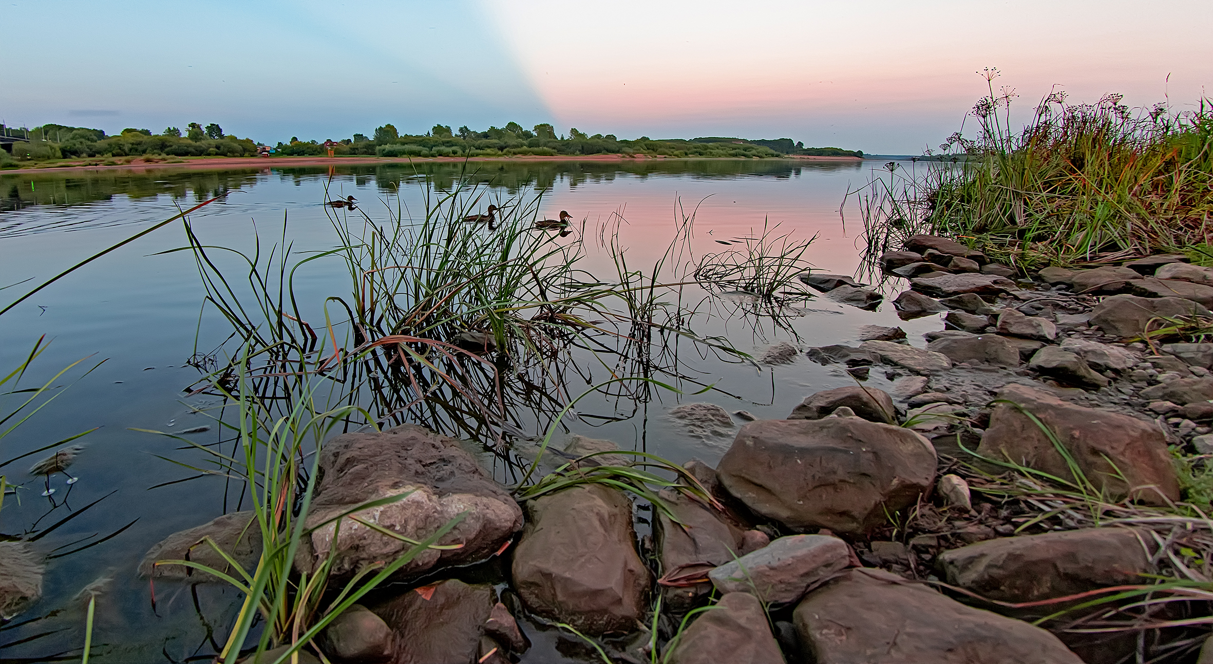 река, утки, август, камни, берег, Широких Александр