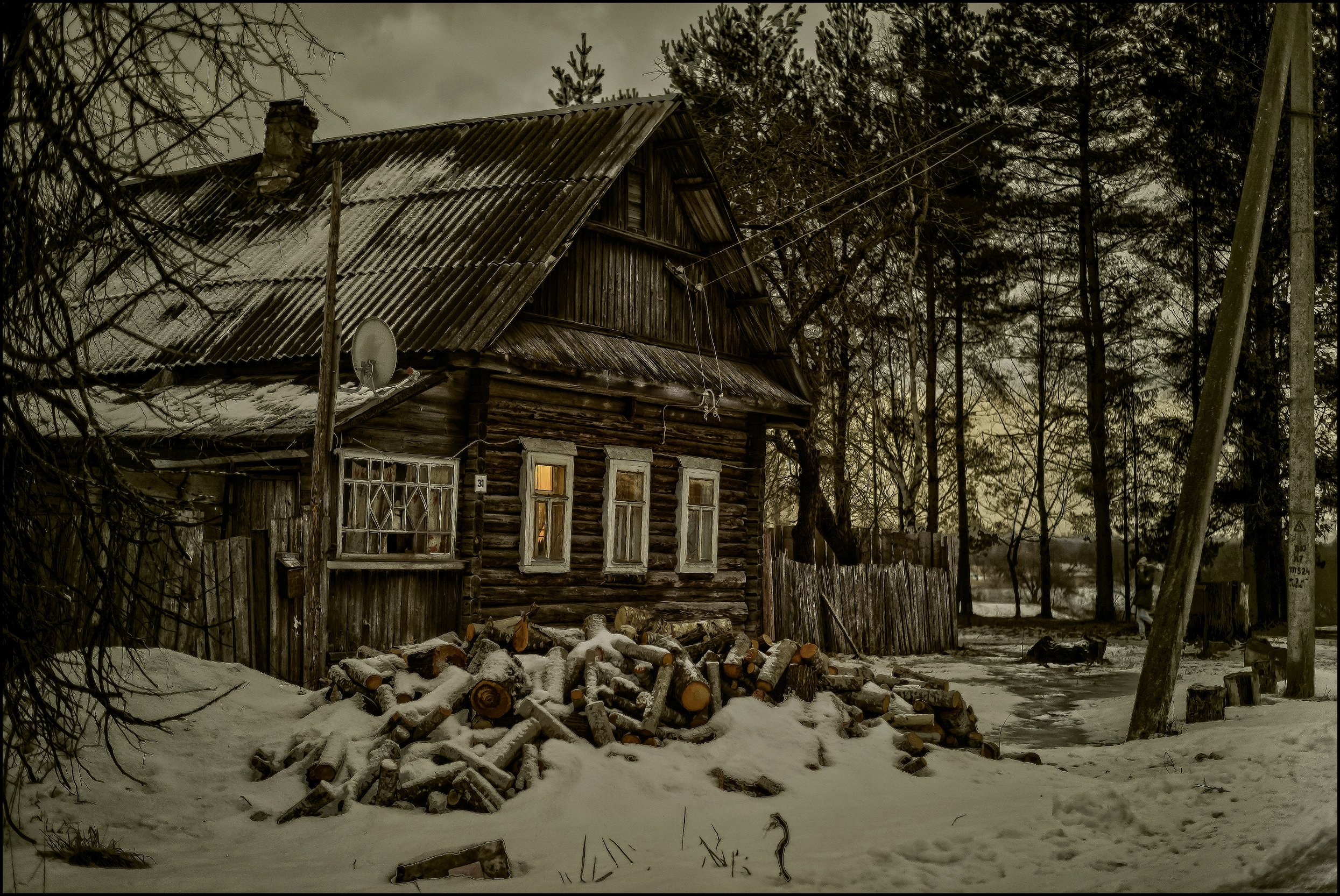 Деревня, Зима, Монохром, Россия, Старый дом, Стилизация, Лидия Киприч