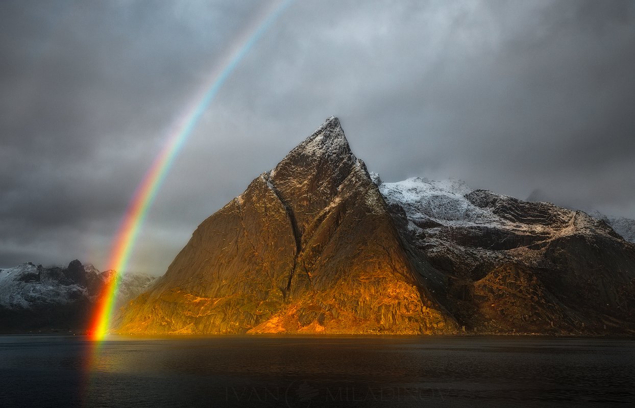 lofoten, norway, polar circle, rainbow, peak, sunset, snow, Ivan Miladinov
