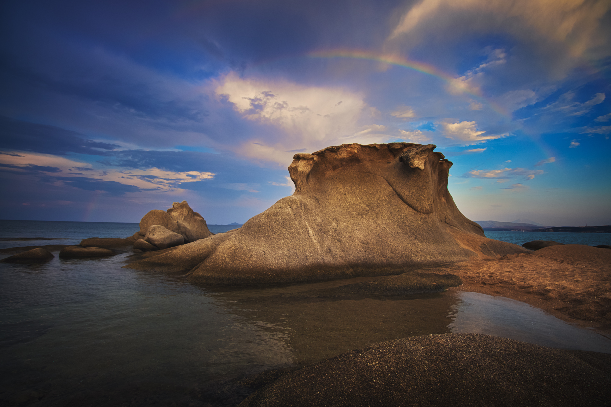 landscape, seashore, rock, sky, rainbow, sea, Greece, Vania Tonova