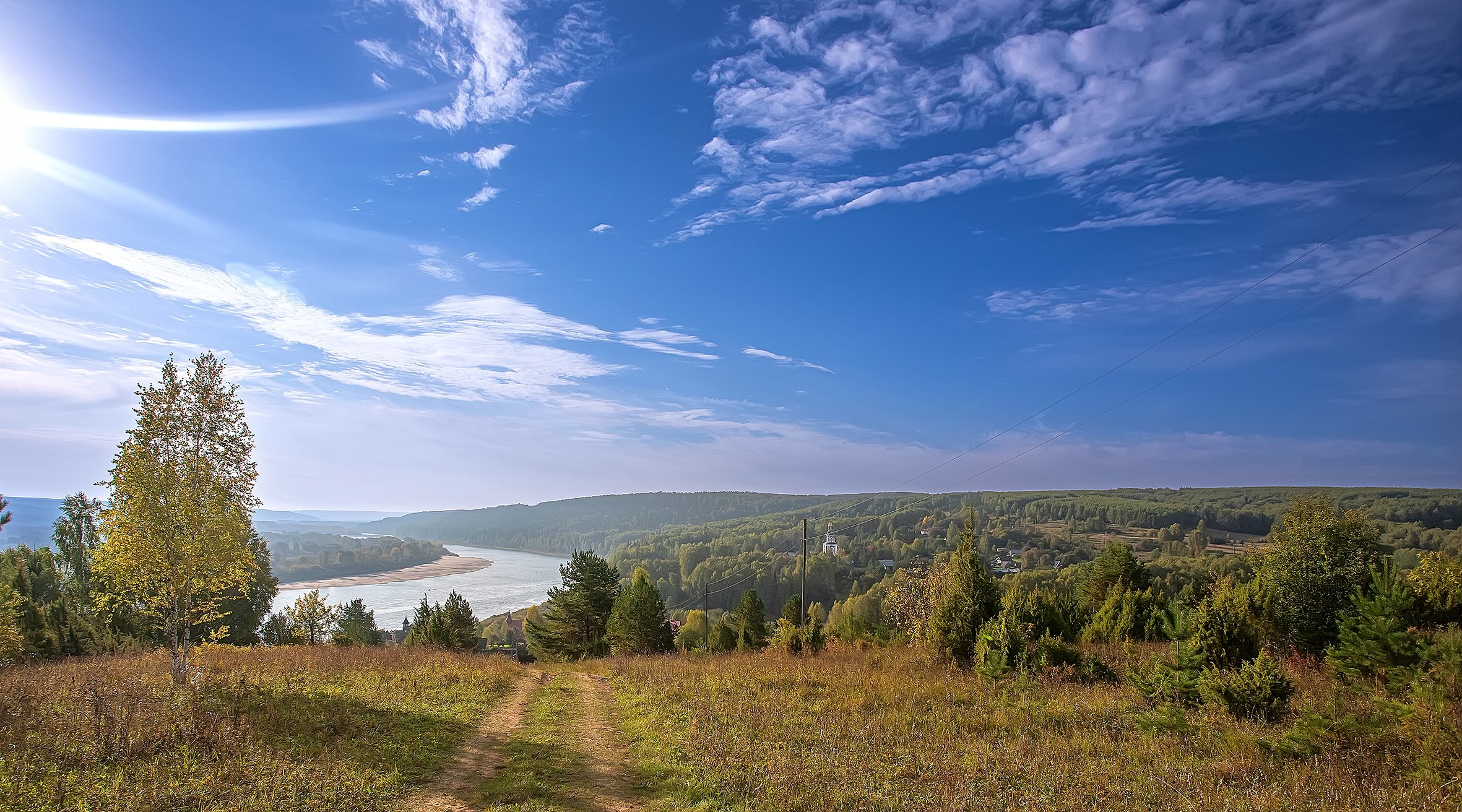 дорога, река, дерево, небо, осень, Широких Александр