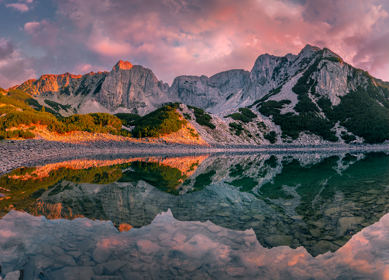 landscape, nature, scenery, summer, sunset, lake, reflection, clouds, mountain, peak, пейзаж, закат, горы, озеро, Александър Александров