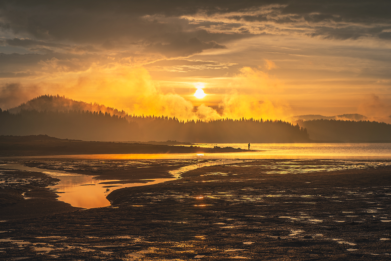 landscape, nature, scenery, summer, sunset, evening, dusk, lake, reflection, mountain, trees, пейзаж, закат, горы, Александър Александров