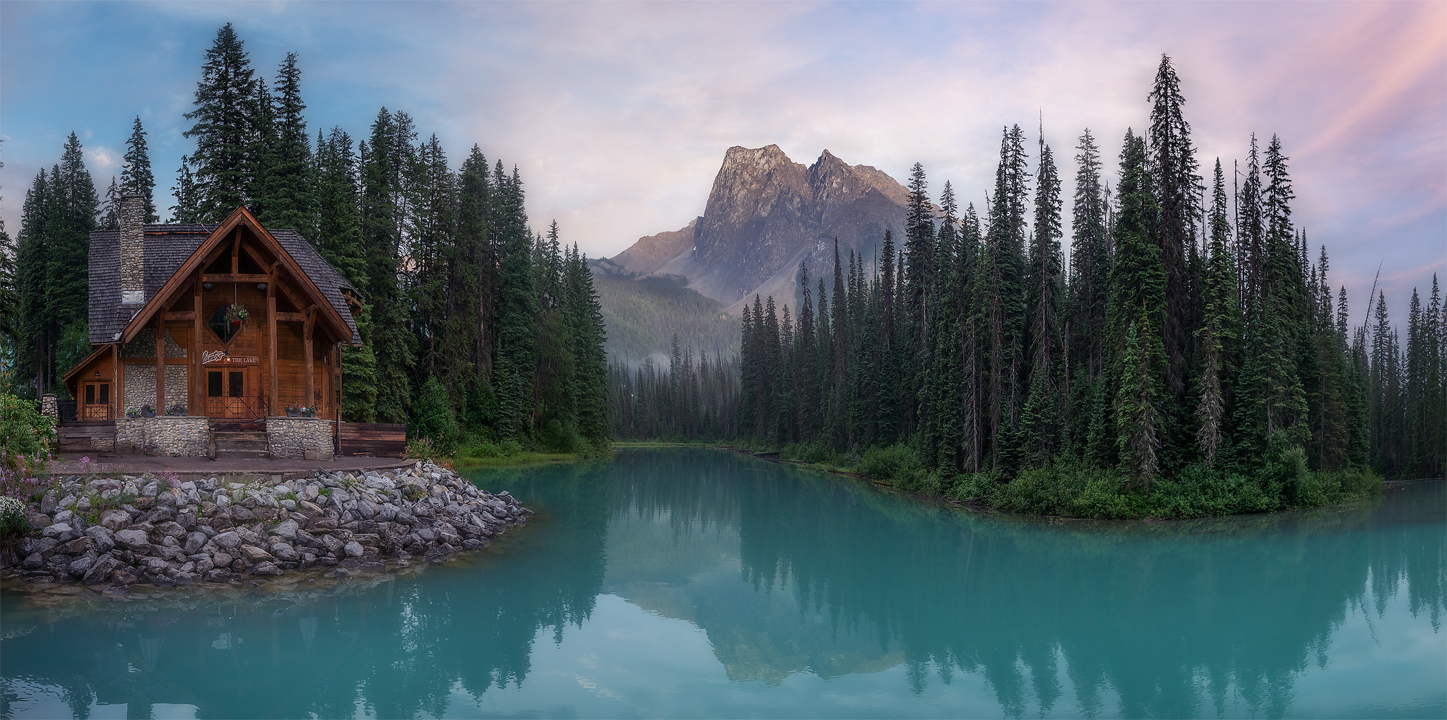 Mount Burgess, Lake, Cabin, forest, pines, fog,, Gubski Alexander