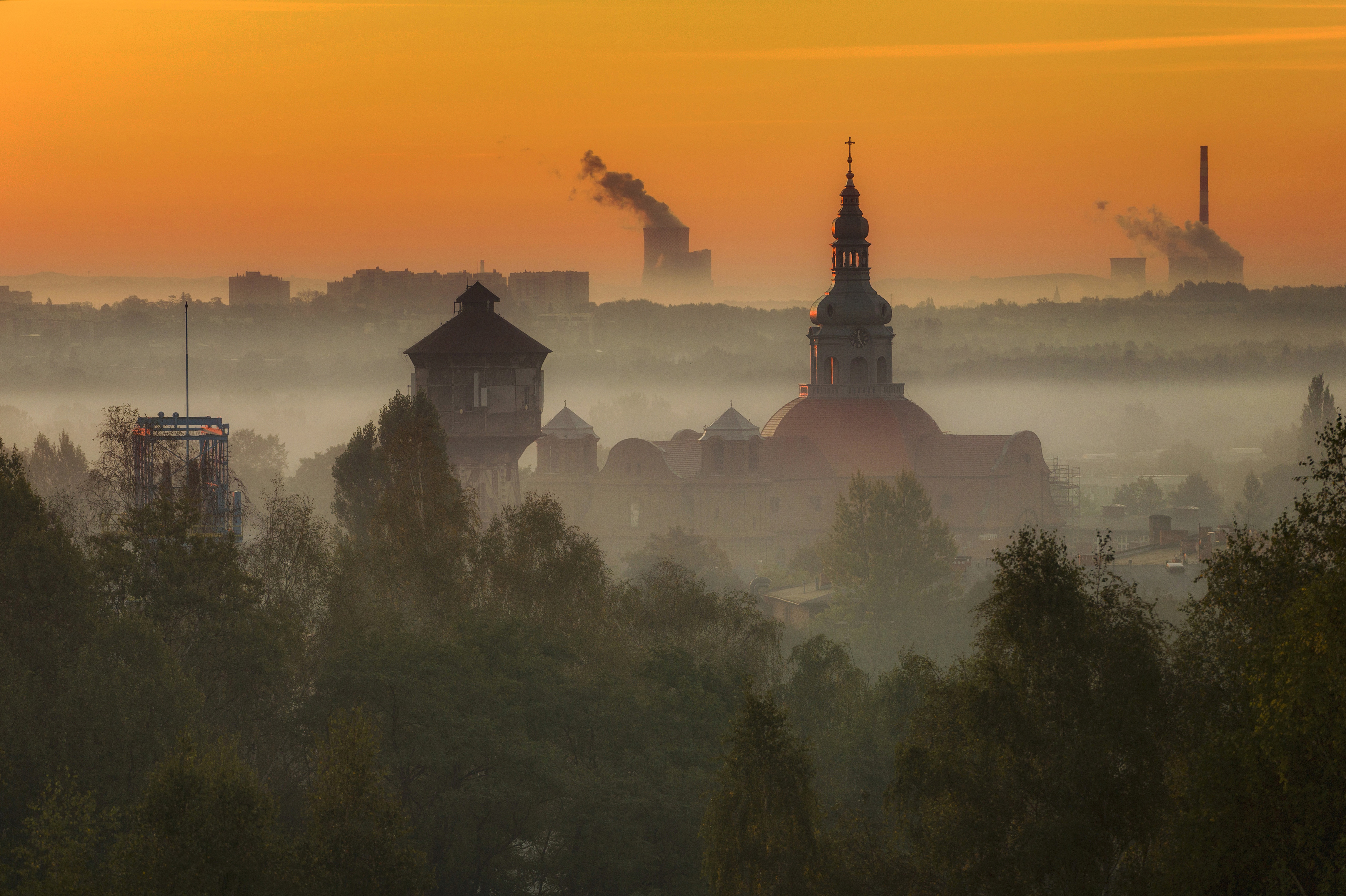 HoriSky, Architecture, Sunset, Tower, Landscape, Church, Travel, Nature, Morning, Nikiszowiec, Landscape, Industrial, Fog, Sunrise, dawn, Katowice, Damian Cyfka