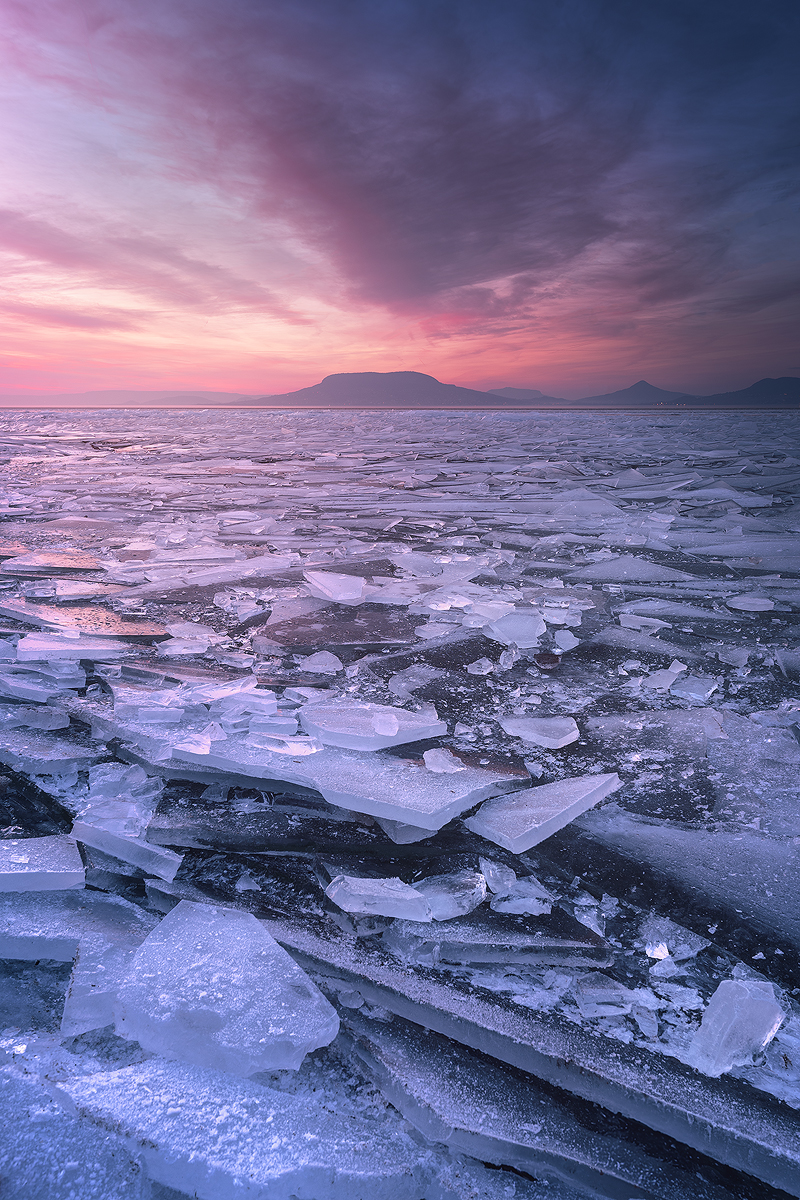 cold, winter, frozen, hungary, balaton, ice, lake, landscape, mountain, sky, clouds, sunset, Patrick