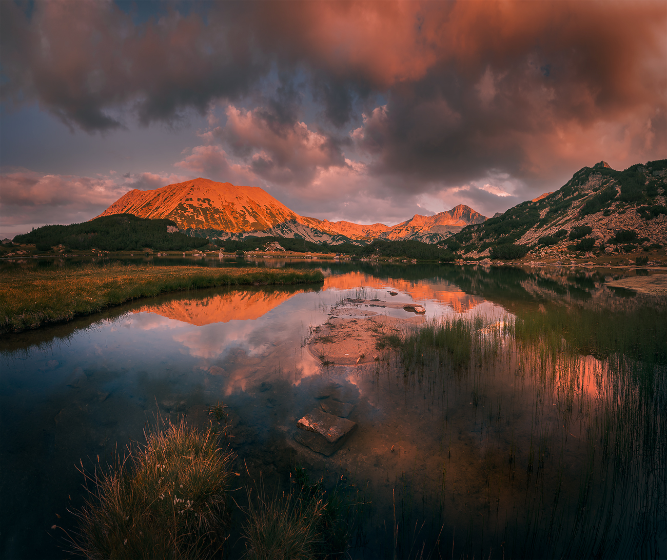 landscape, nature, scenery, summer, sunset, lake, reflection, clouds, mountain, peak, пейзаж, закат, горы, озеро, Александър Александров