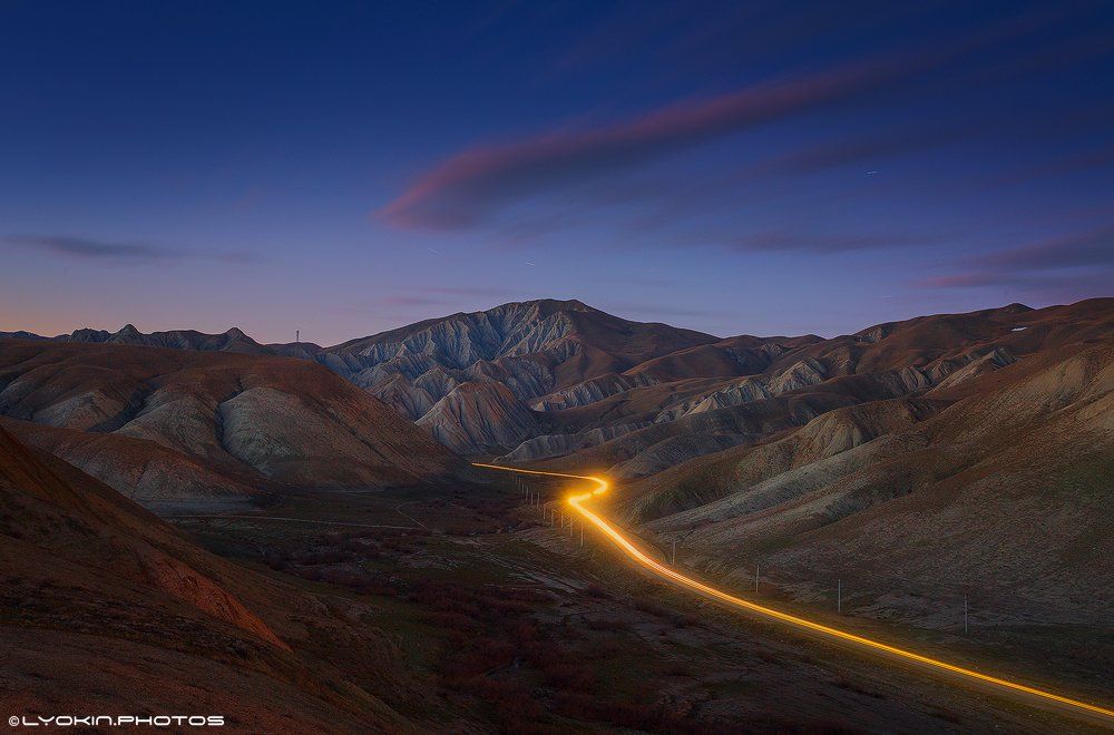 азербайджан, горы, дорога, закат, Lyokin