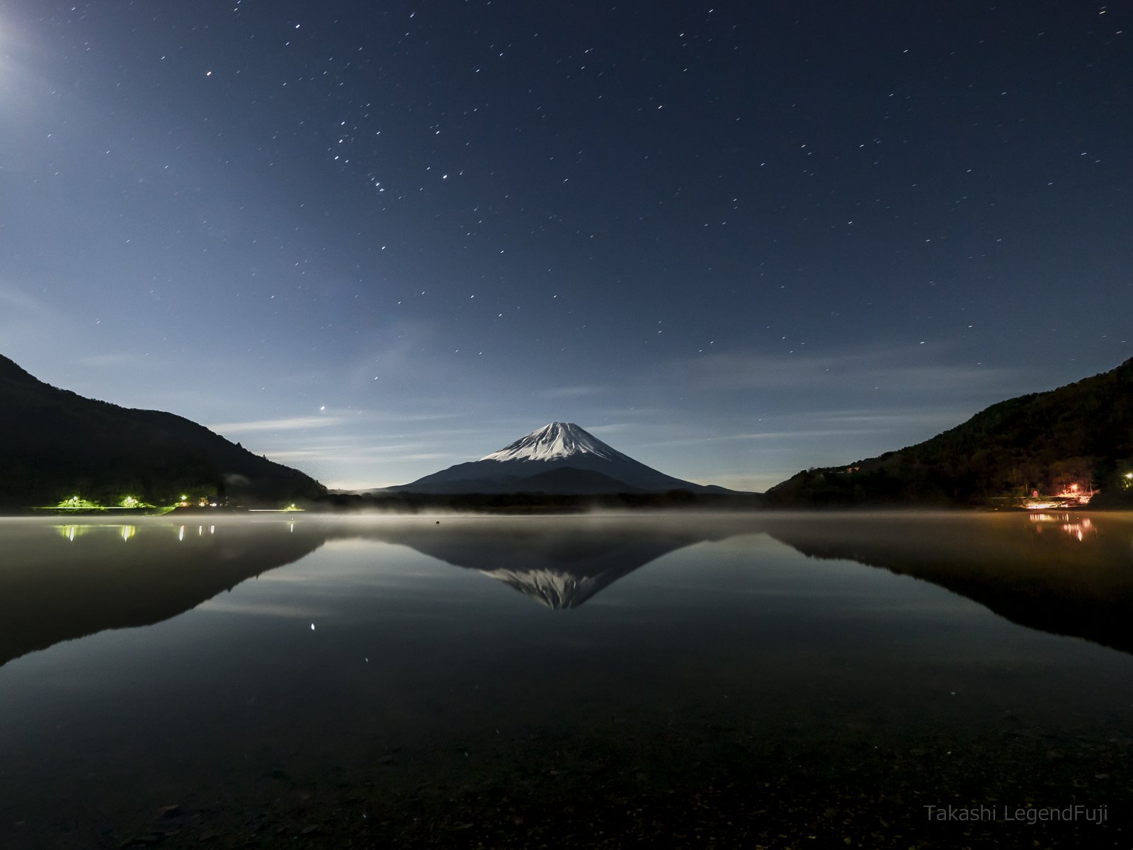 Fuji,mountain,Japan,lake,water,reflection,night,moonlight,cloud,snow,star,, Takashi