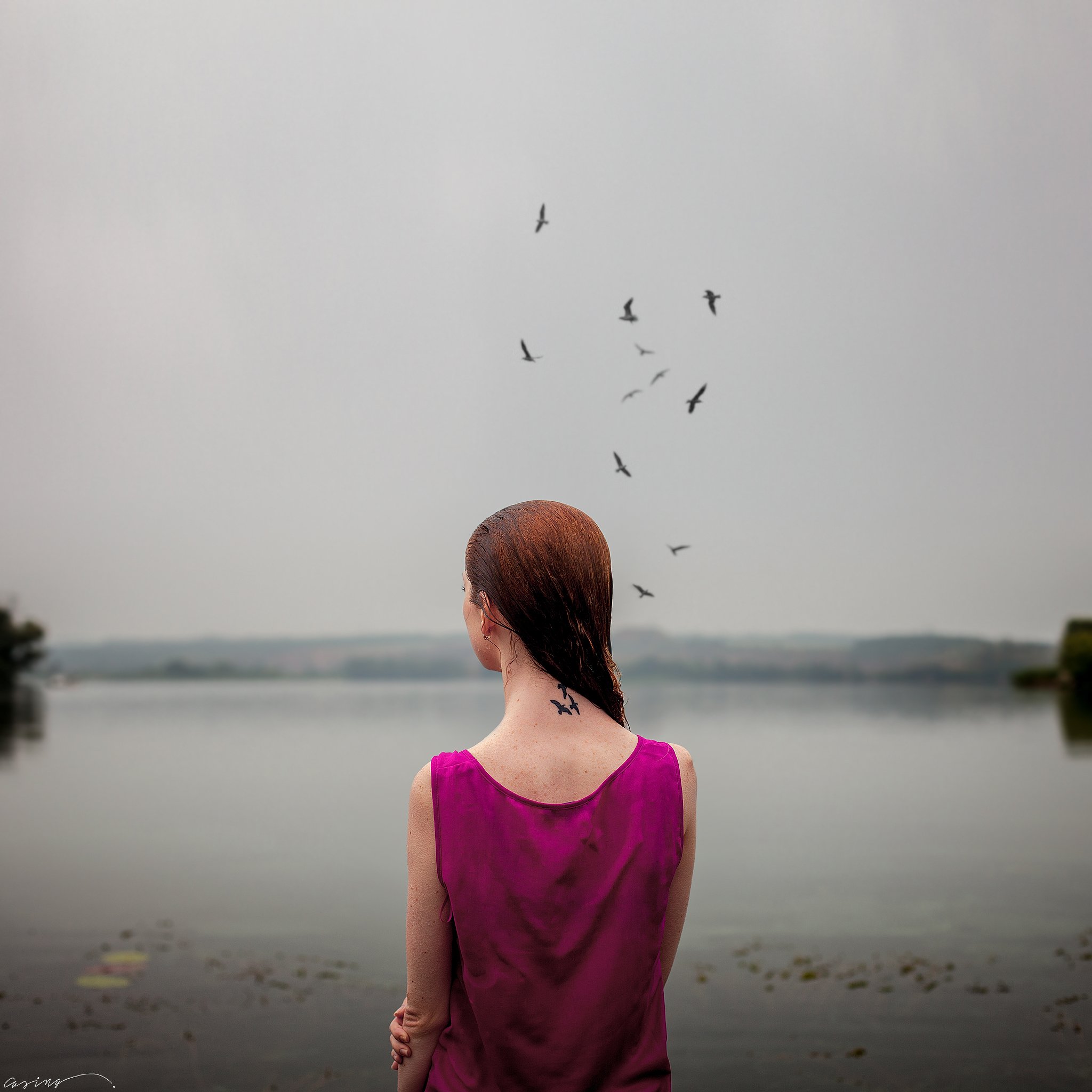 lonely, loneliness, girl, portrait, river, birds, water, Casing