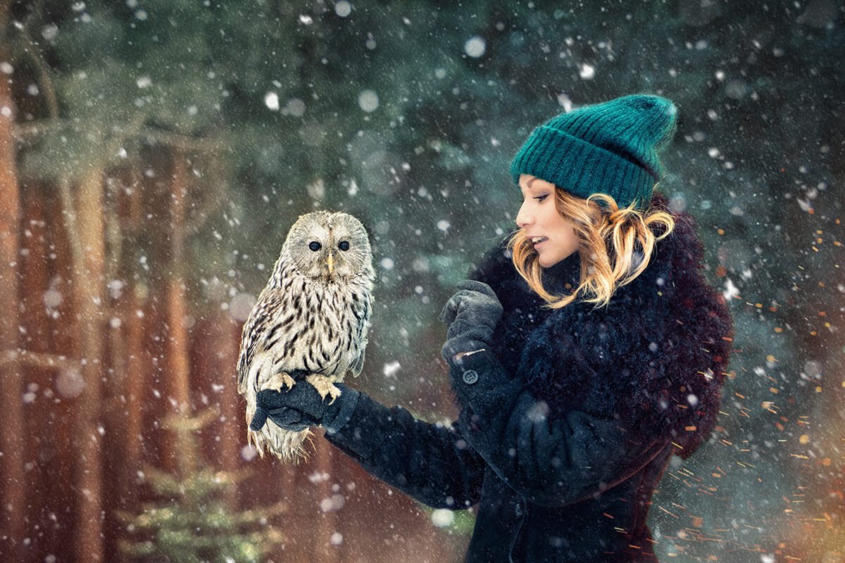 Девушка, лес, сова, снег, зима, Виталий Чесноков