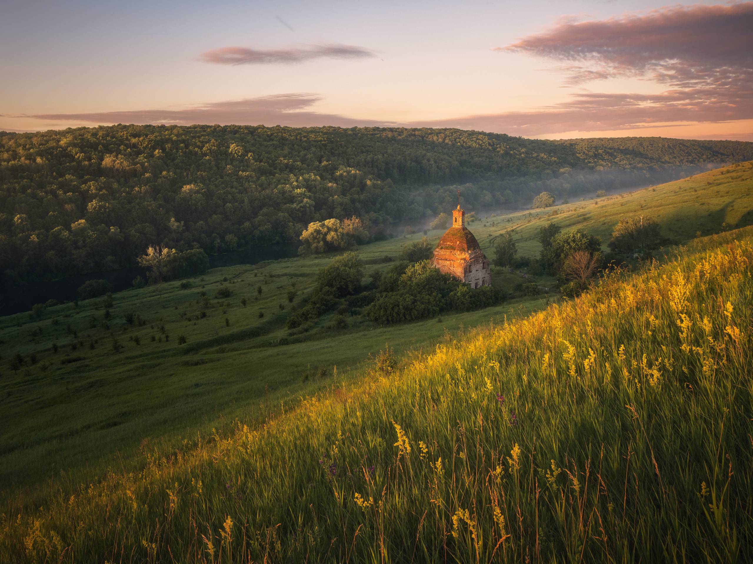 тульская область, красивая меча, церковь, рассвет, река, поле, лес, туман,  Алексей