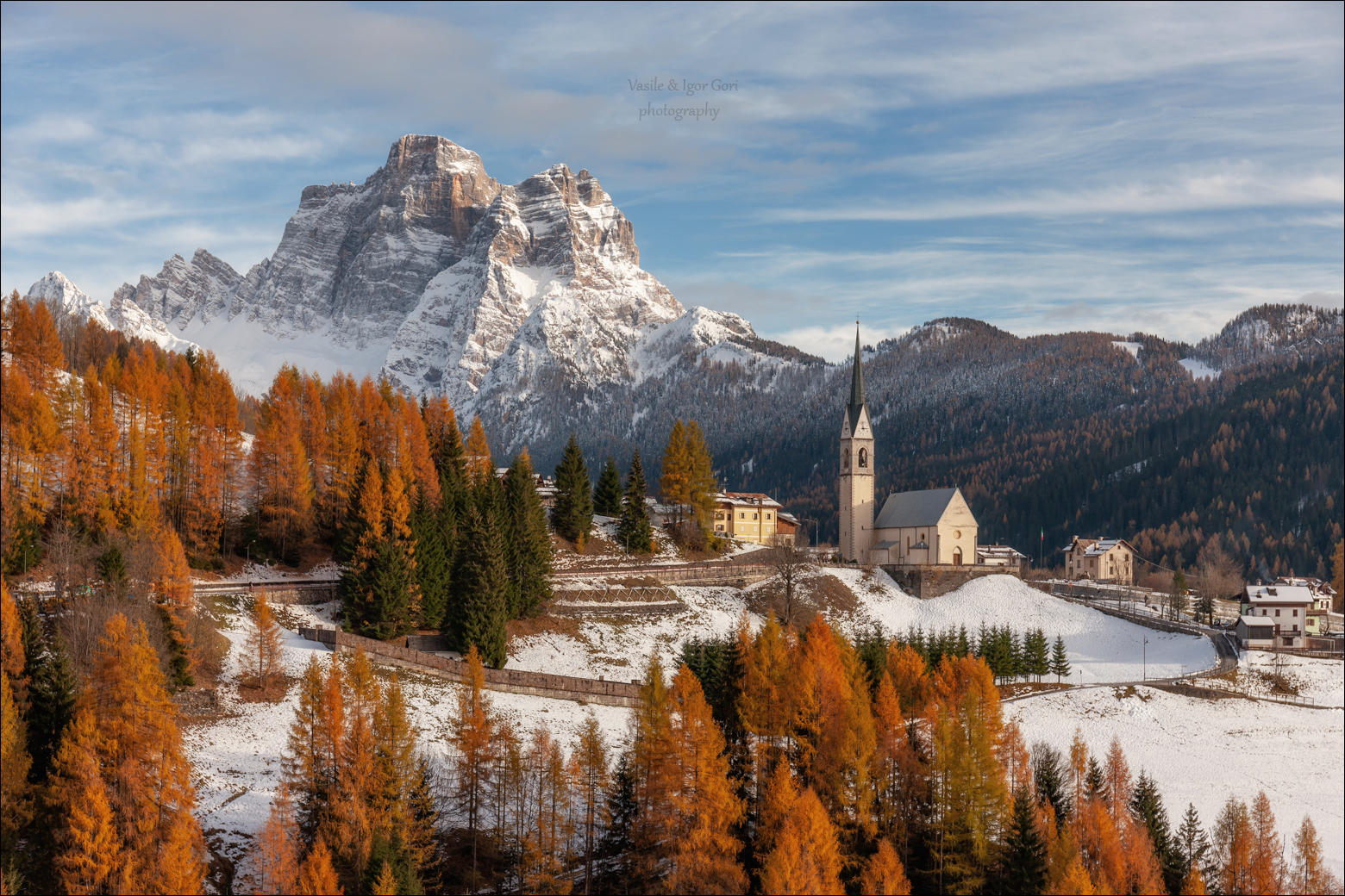 autumn,осень,church,церковь,village,деревня,alps,снег,альпы,dolomites,доломиты,selva cadore,val fiorentina,италия,monte pelmo, Гори Василий