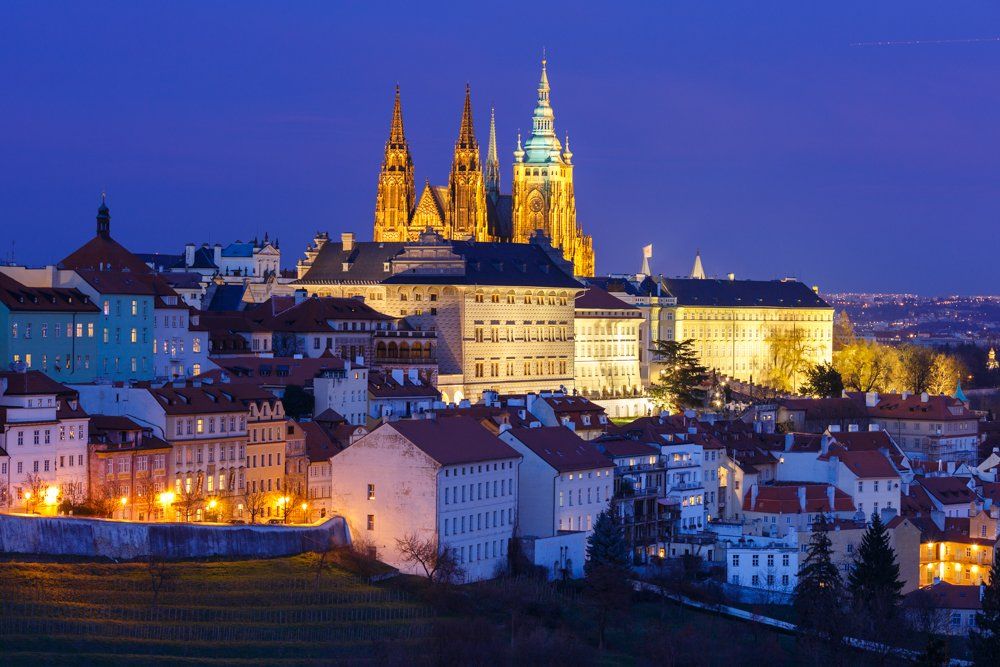 castle; church; Prague; night; aerial; view; gold; blue hour; , Коваленкова Ольга