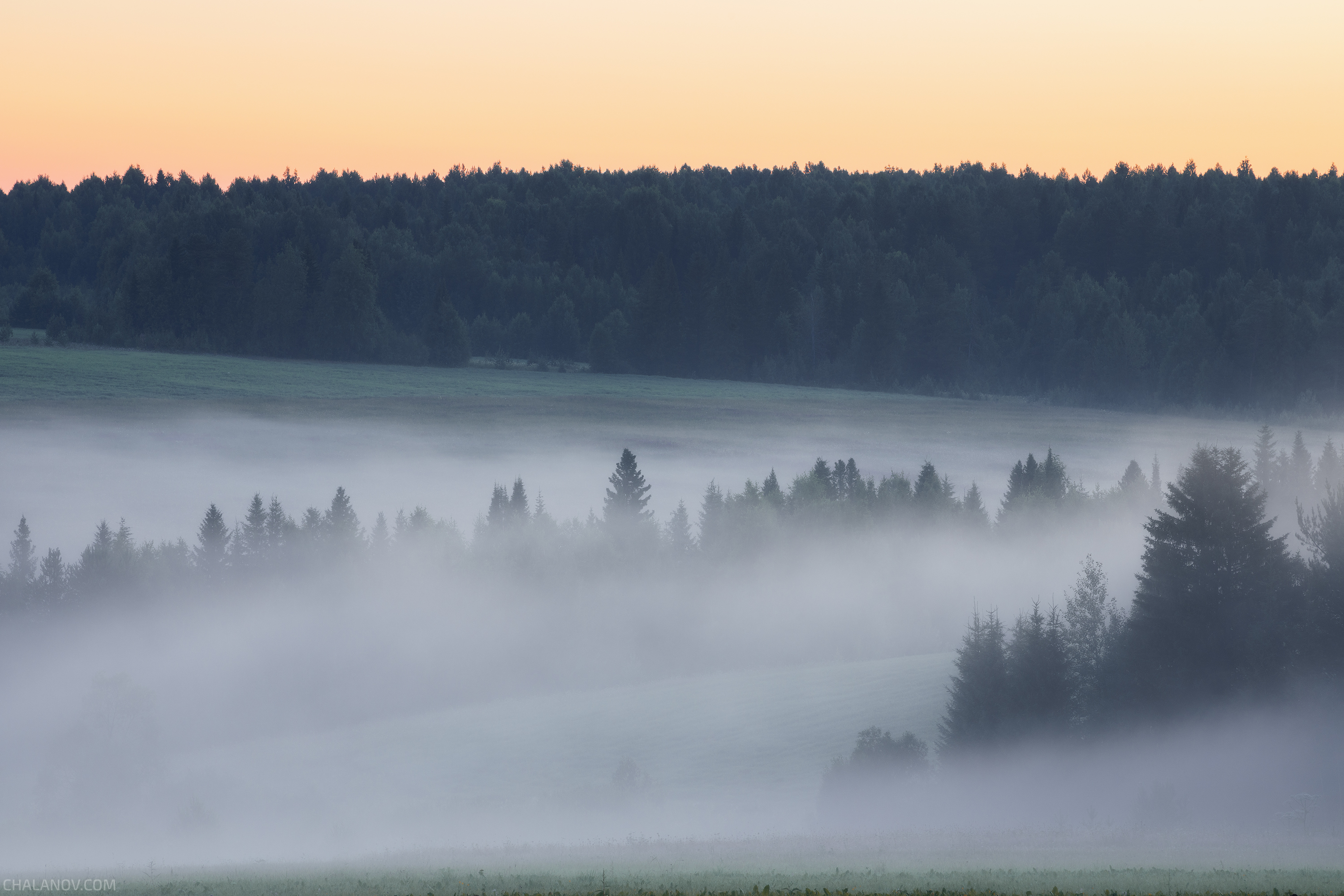 пейзаж, село, коми, рассвет, туман, Иван Чаланов