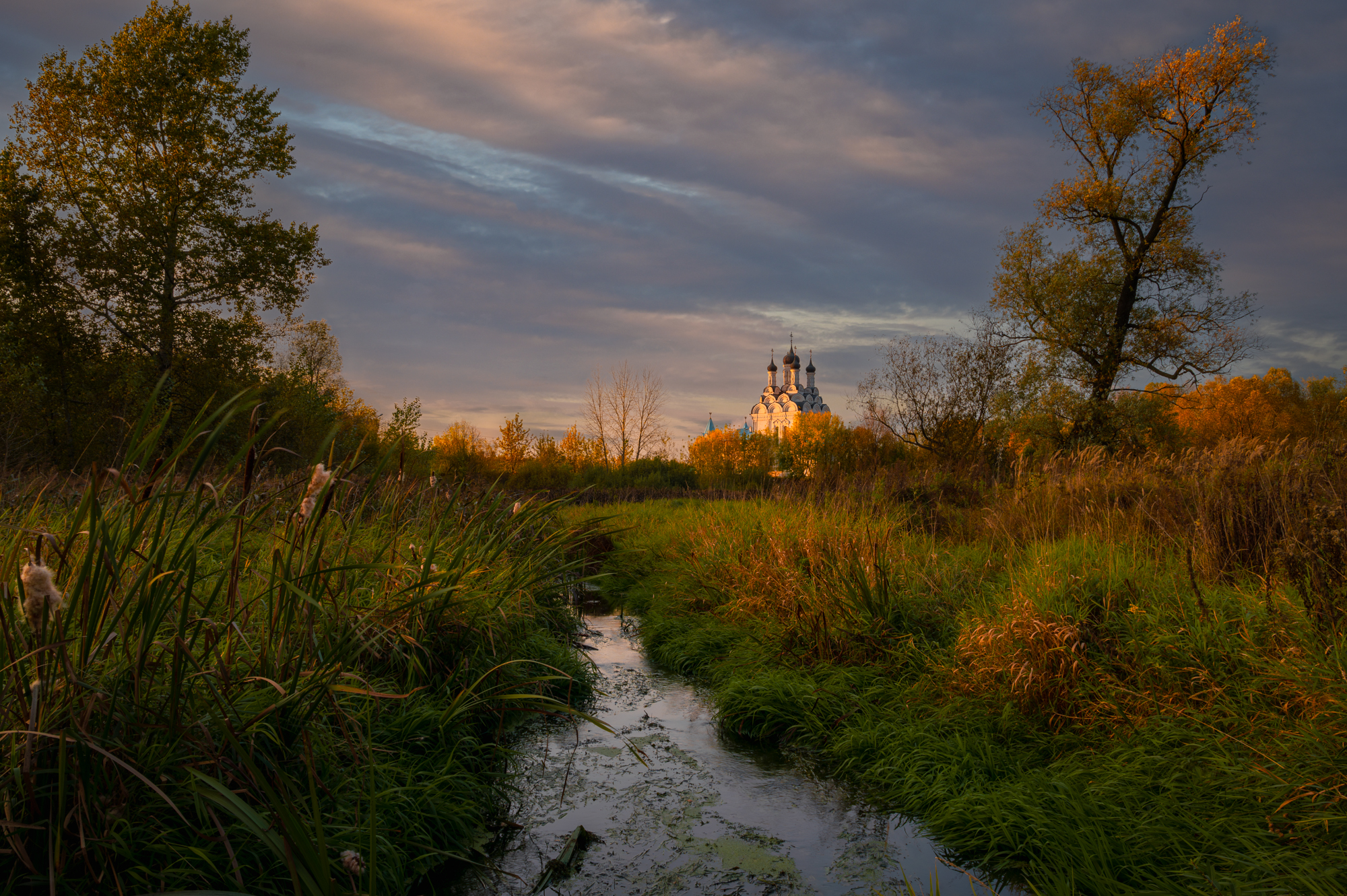 закат, осень, храм, природа, речка, дерево, церковь, подмосковье, россия, православие, Томислав Ракичевич