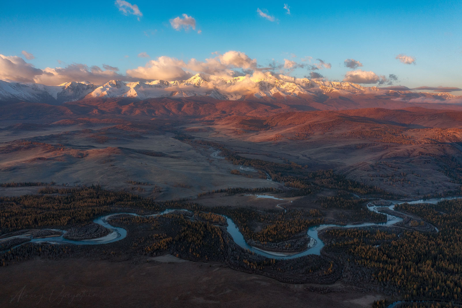 altay, drone, landscape, topview, autumn, snow, sun, Алексей Вымятнин