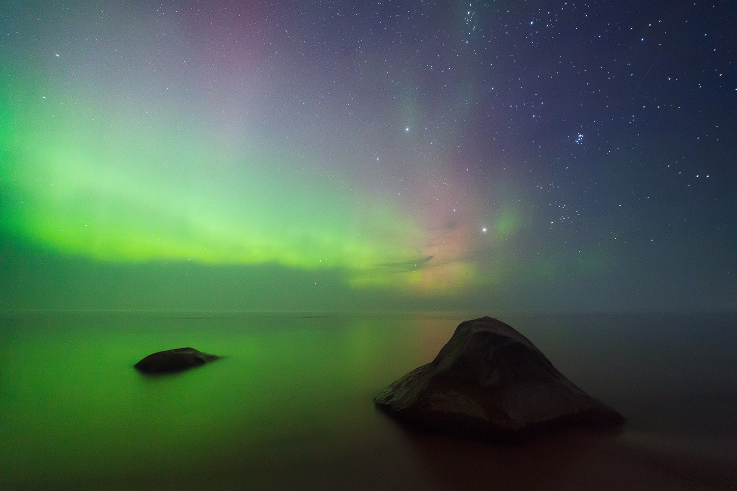 night, russia, aurora borealis, lake, ladoga, Медведникова Мария