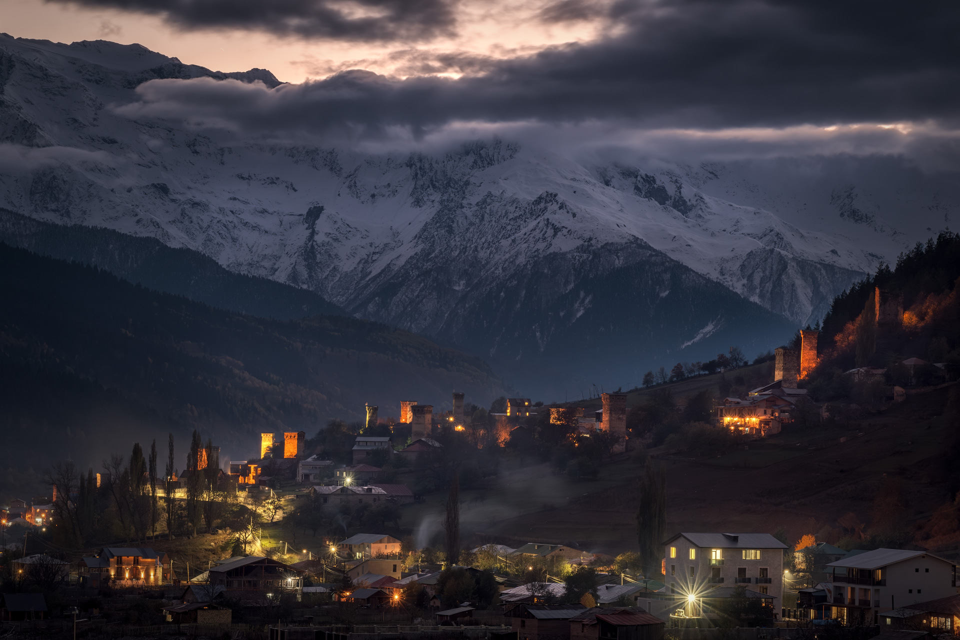 svaneti, mestia, tower, autumn, fall, twilight, mountain, clouds, sky, snow, high, landscape, scenery, travel, outdoors, georgia, sakartvelo, chizh, Чиж Андрей