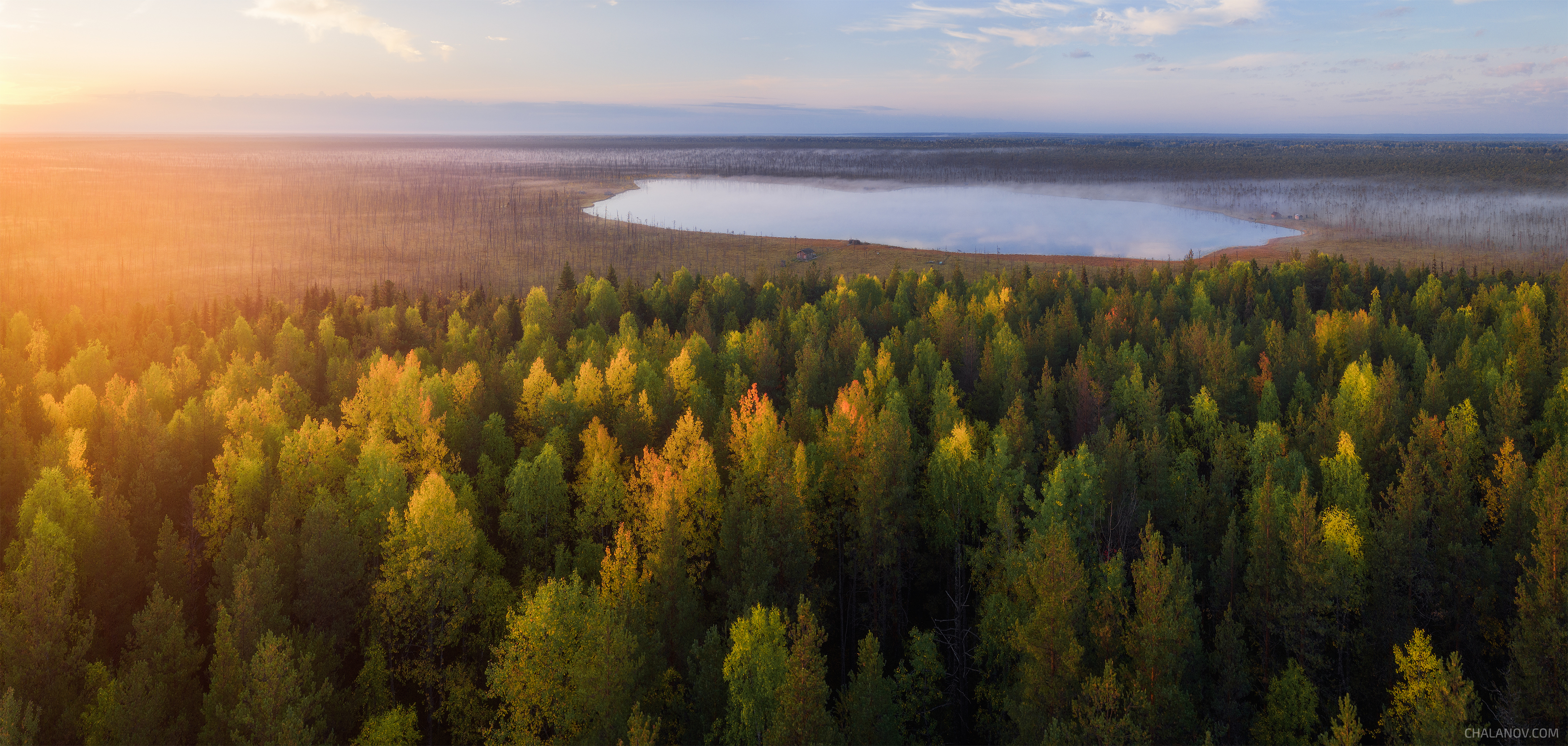 пейзаж, дрон, осень, рассвет, озеро, туман, утро, Иван Чаланов