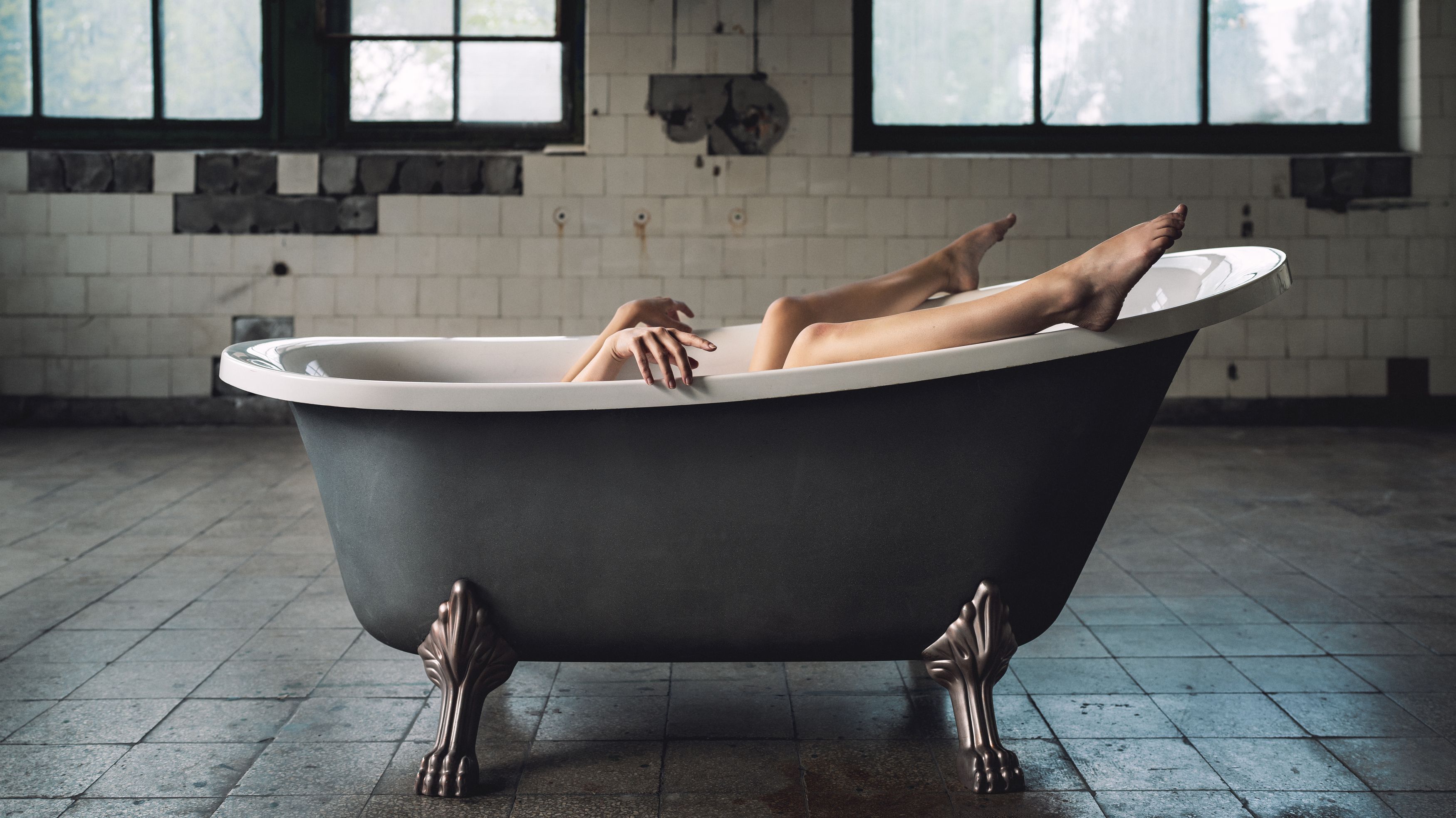 abandoned building, bath, creative, fantasy, femininity, hands, individuality, indoors, legs, lifestyles, lying down, one person, pair, pose, relaxation, side view, studio shot, two, windows, young woman, Alex Tsarfin