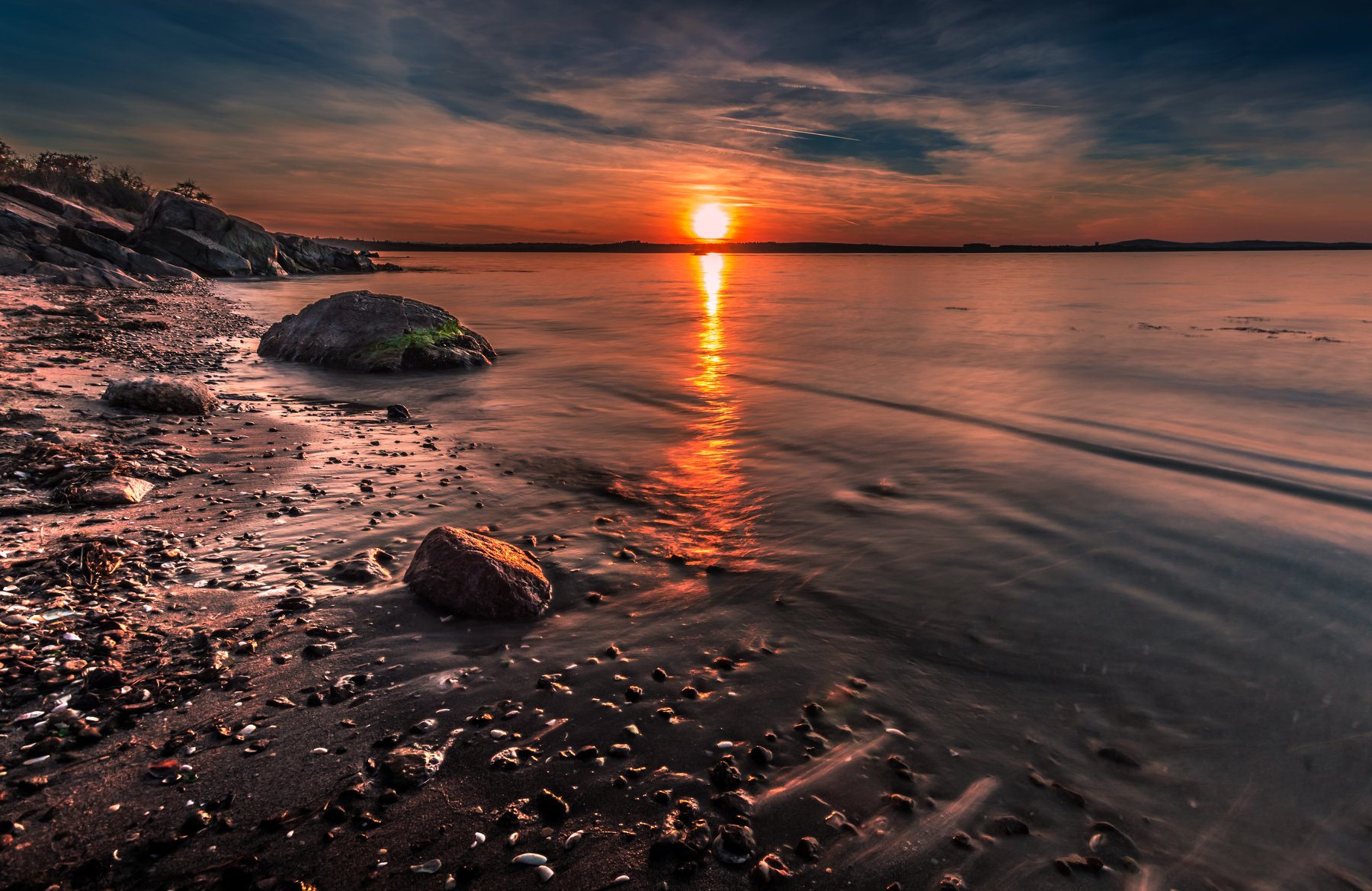 sunset, dark, sand, sea, seascape, rocks, Jeni Madjarova