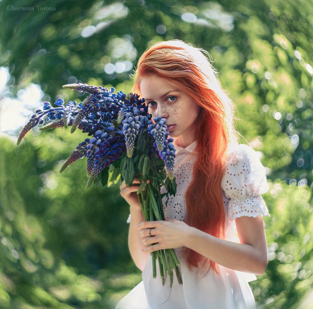 цветы, люпин, рыжая, девушка, портрет, Дарья Яковенко