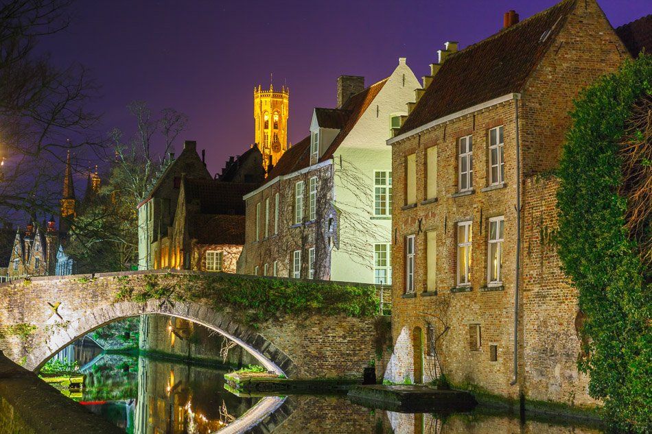 Groenerei, Green canal, Belfort, Belfry, Bruges, Brugge, tower, landmark, cityscape, night, medieval, Belgium, belgian, Benelux, flanders, Flemish, gothic,, Коваленкова Ольга