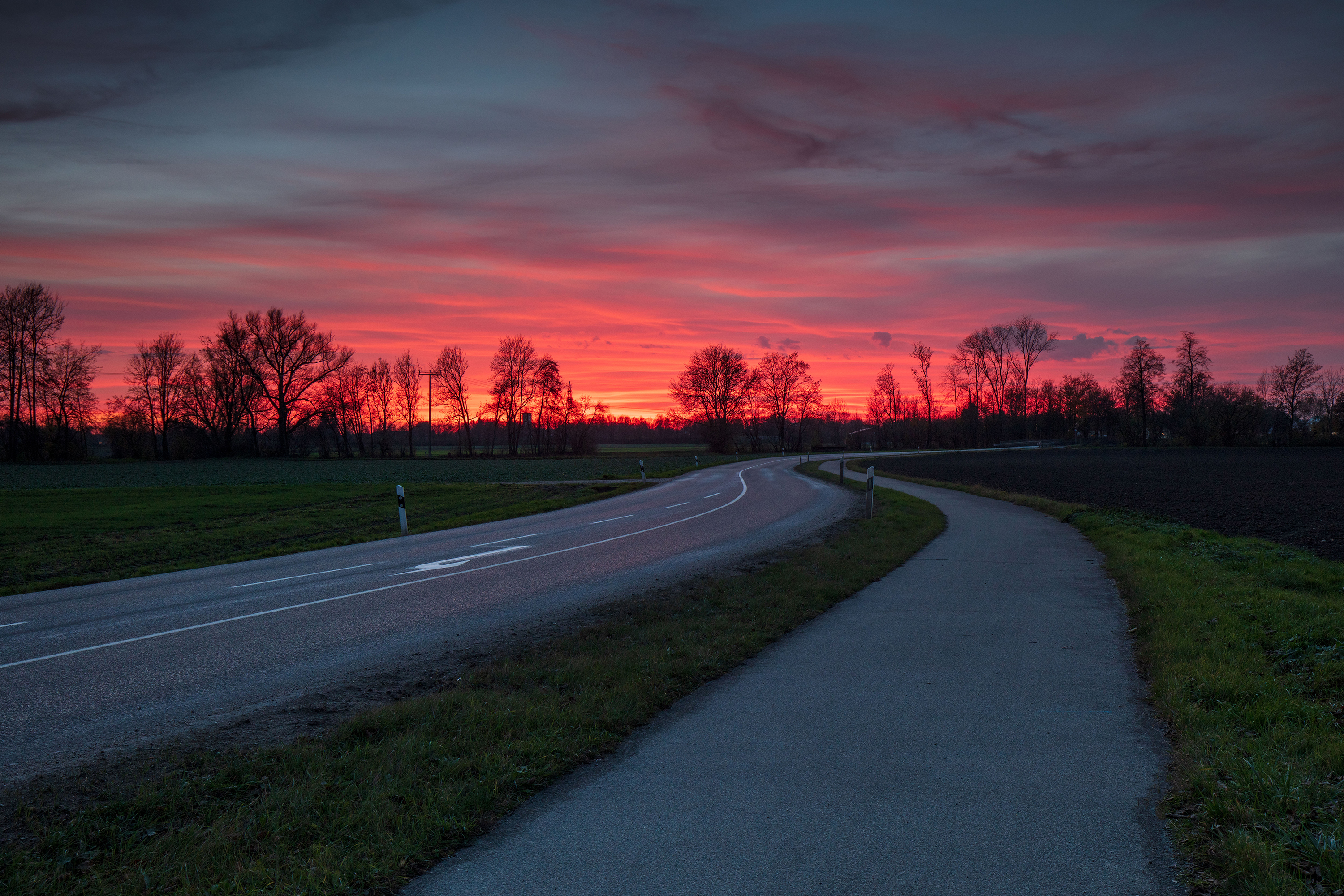 road, sunset, red sky, clouds,,  Gregor