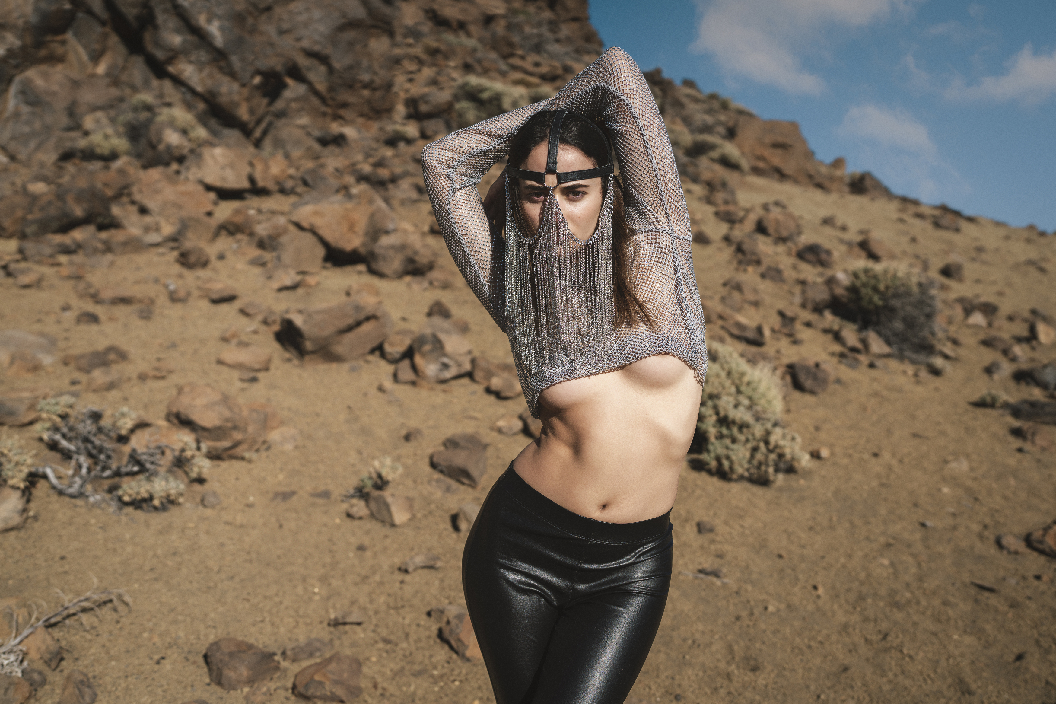 beauty in nature, desert, el teide, fashion, femininity, front view, golden hour, grace, human face, lifestyles, looking at camera, mask, one person, outdoors, portrait, pose, rocks, sand, seductive women, sensuality, skies, standing, stones, young woman, Alex Tsarfin