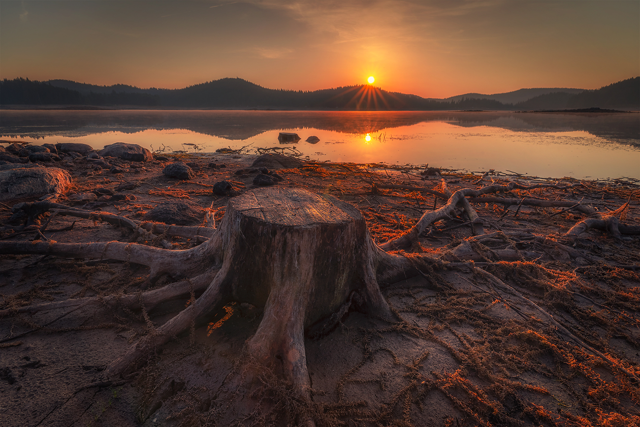 landscape, nature, scenery, summer, sunrise, morning, dawn, lake, reflection, mountain, trees, пейзаж, рассвет, горы, озеро, Александър Александров