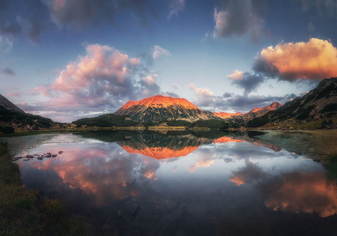 landscape, nature, scenery, summer, sunset, lake, reflection, clouds, mountain, peak, пейзаж, закат, горы, озеро, Александър Александров