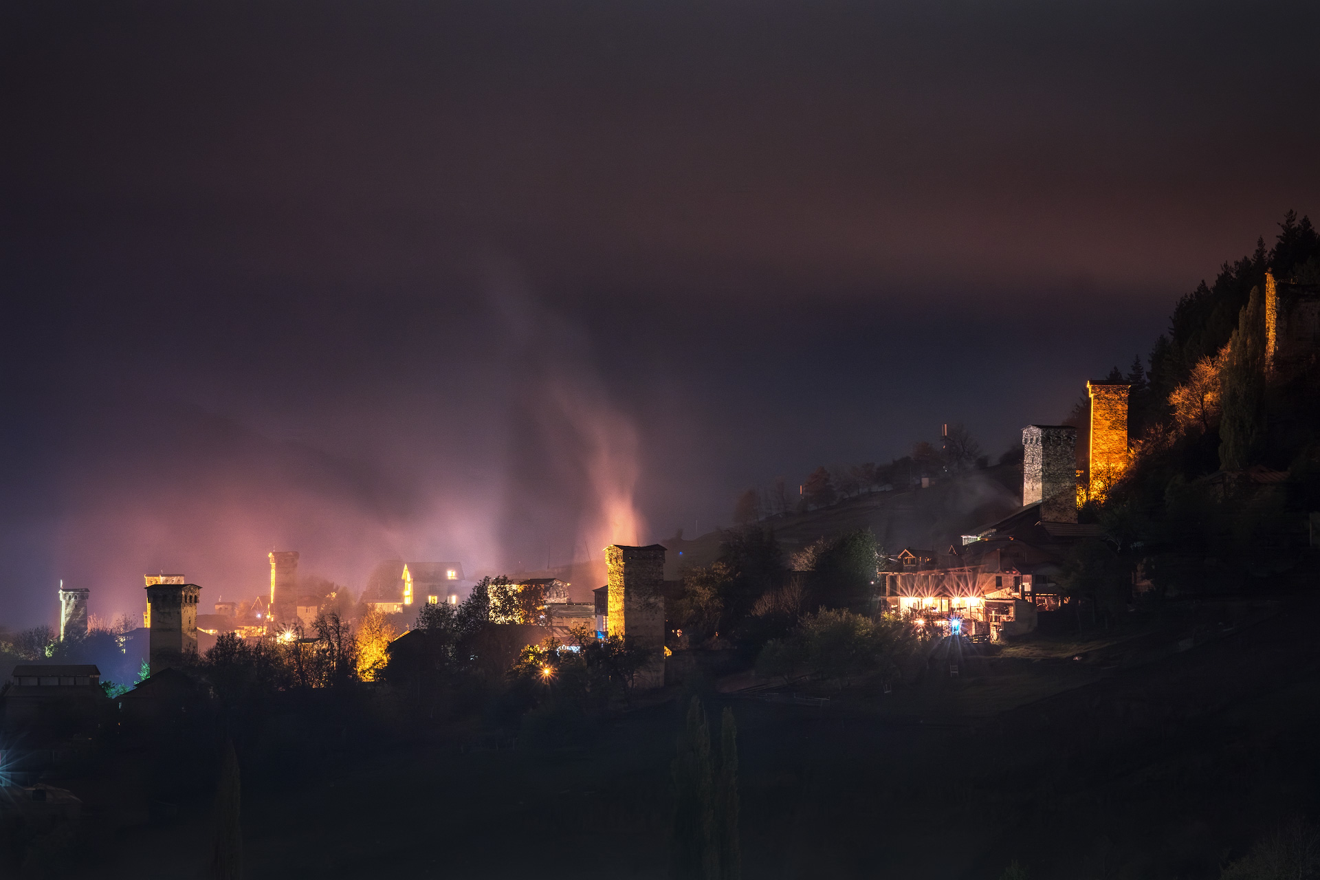 svaneti, mestia, night, lights, smoke, tower, fall, twilight, mountain, clouds, sky, high, landscape, scenery, travel, outdoors, georgia, sakartvelo, chizh, Чиж Андрей