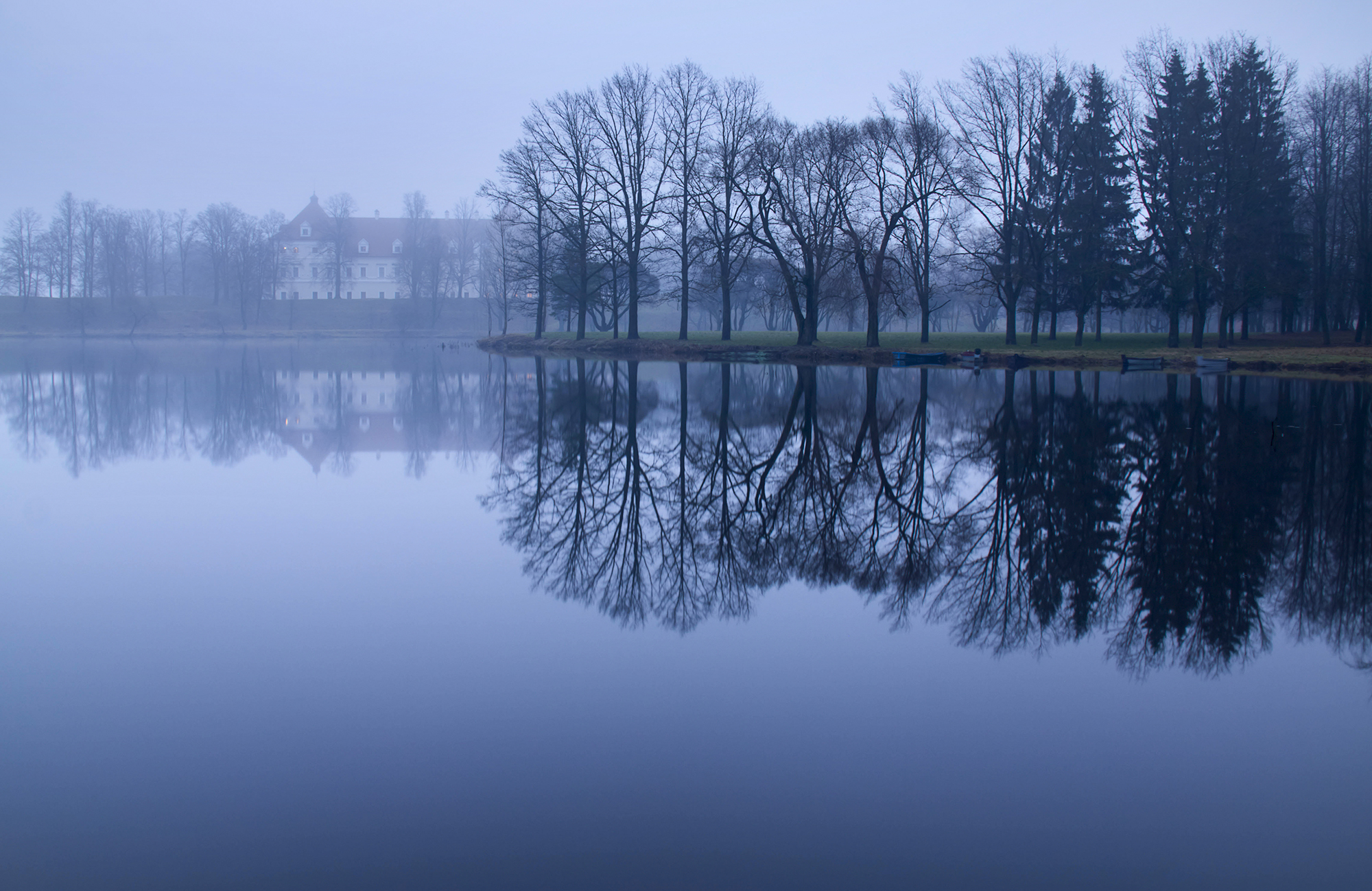 castle,lake,trees,fog,morning, Eugenijus Rauduve