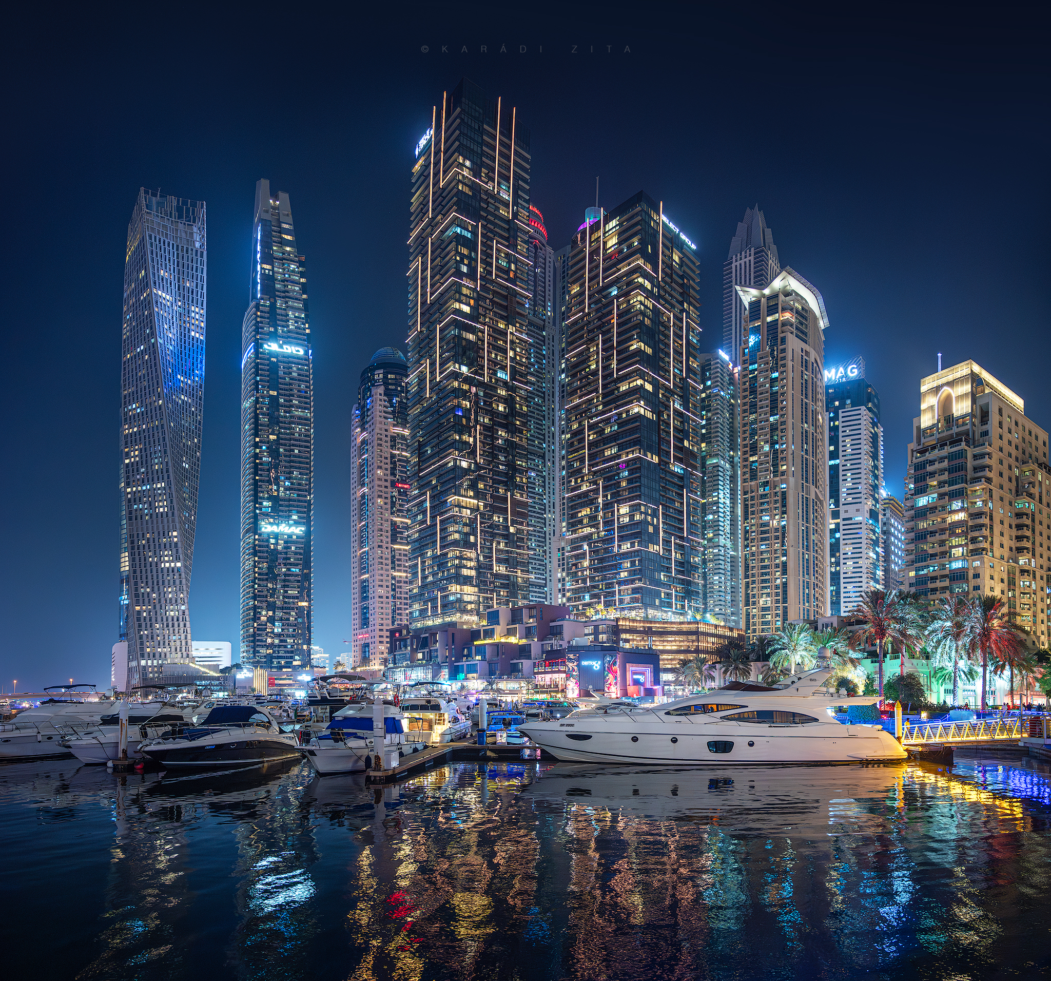 city, lights, urban landscape, urban, architecture, dubai, boats, skyscraper, skyline, marina, yachts, boats, longexpo,, Karádi Zita