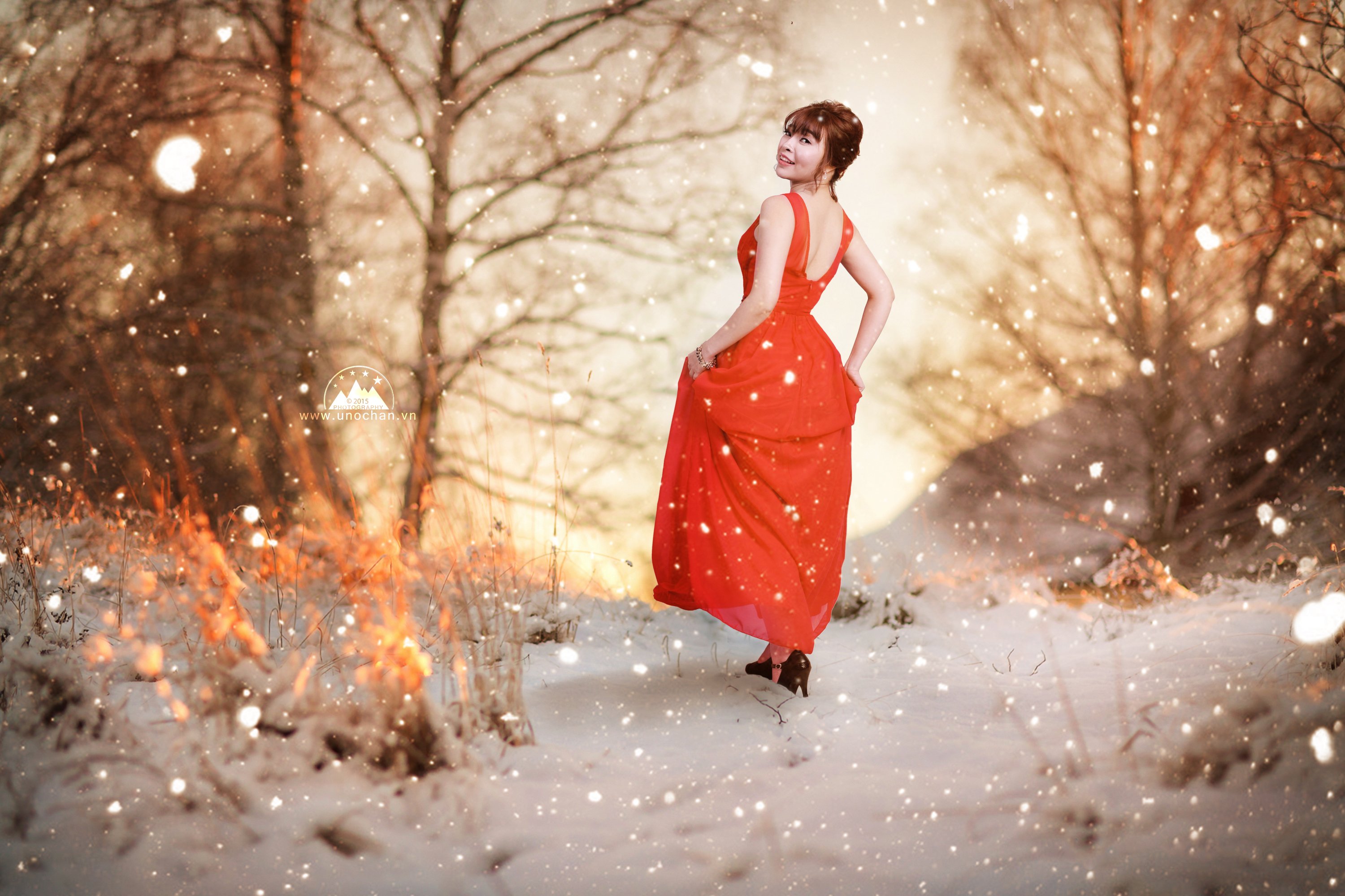 red, snow, girl, cool , sunset, unochan