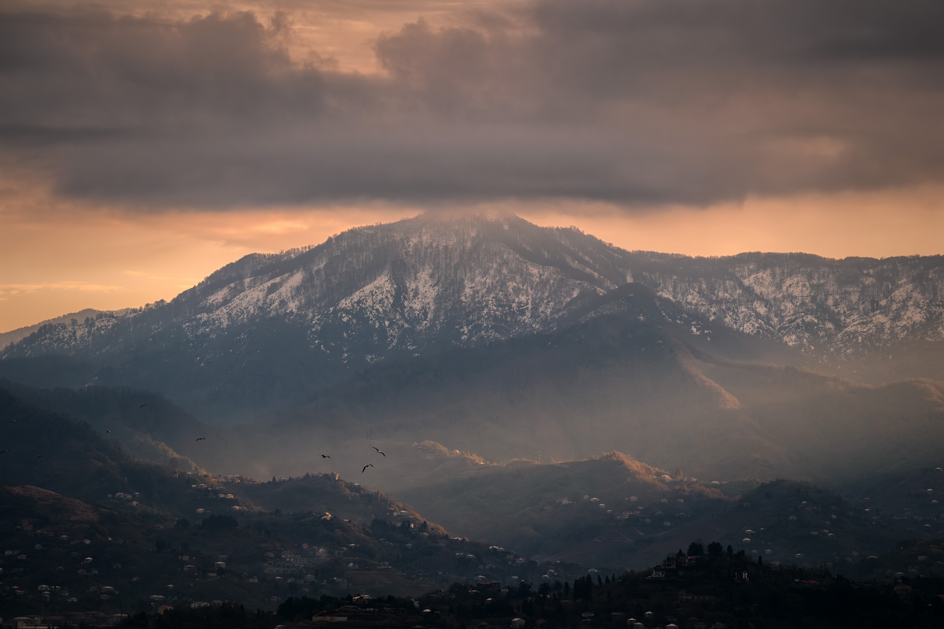 sunset, mountains, mtirala, clouds, gold, overcast, light, sky, winter, weather, landscape, scenery, travel, outdoors, caucasus, sakartvelo, georgia, adjara, batumi, chizh, Чиж Андрей