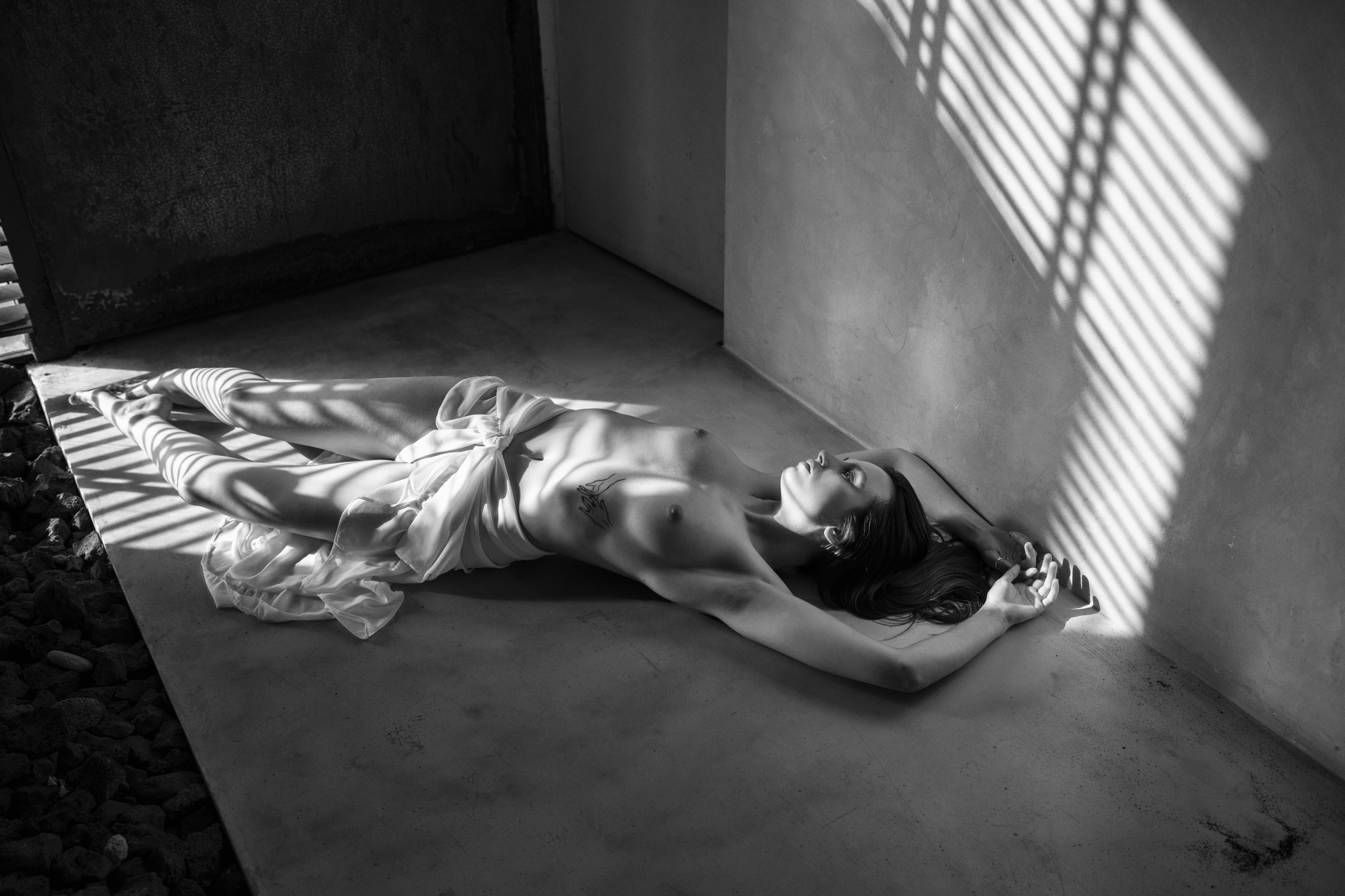 beautiful woman, dreaminess, female, femininity, grace, individuality, indoors, lifestyles, light, looking, lying down, monochrome, naked, nude, one person, peignoir, portrait, pose, relaxation, seductive women, sensuality, shadow, side view, young woman, Alex Tsarfin