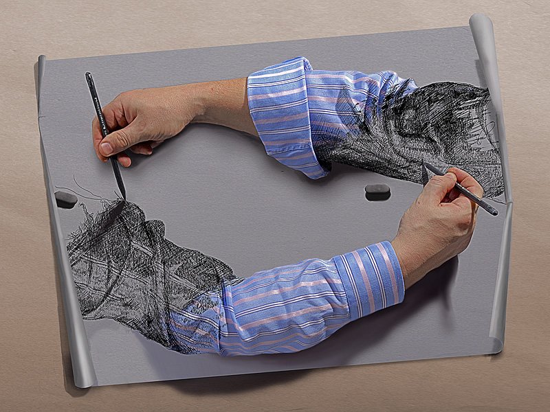 рука, карандаш, лист, бумага, рисунок, оптическая, иллюзия, Yagor
