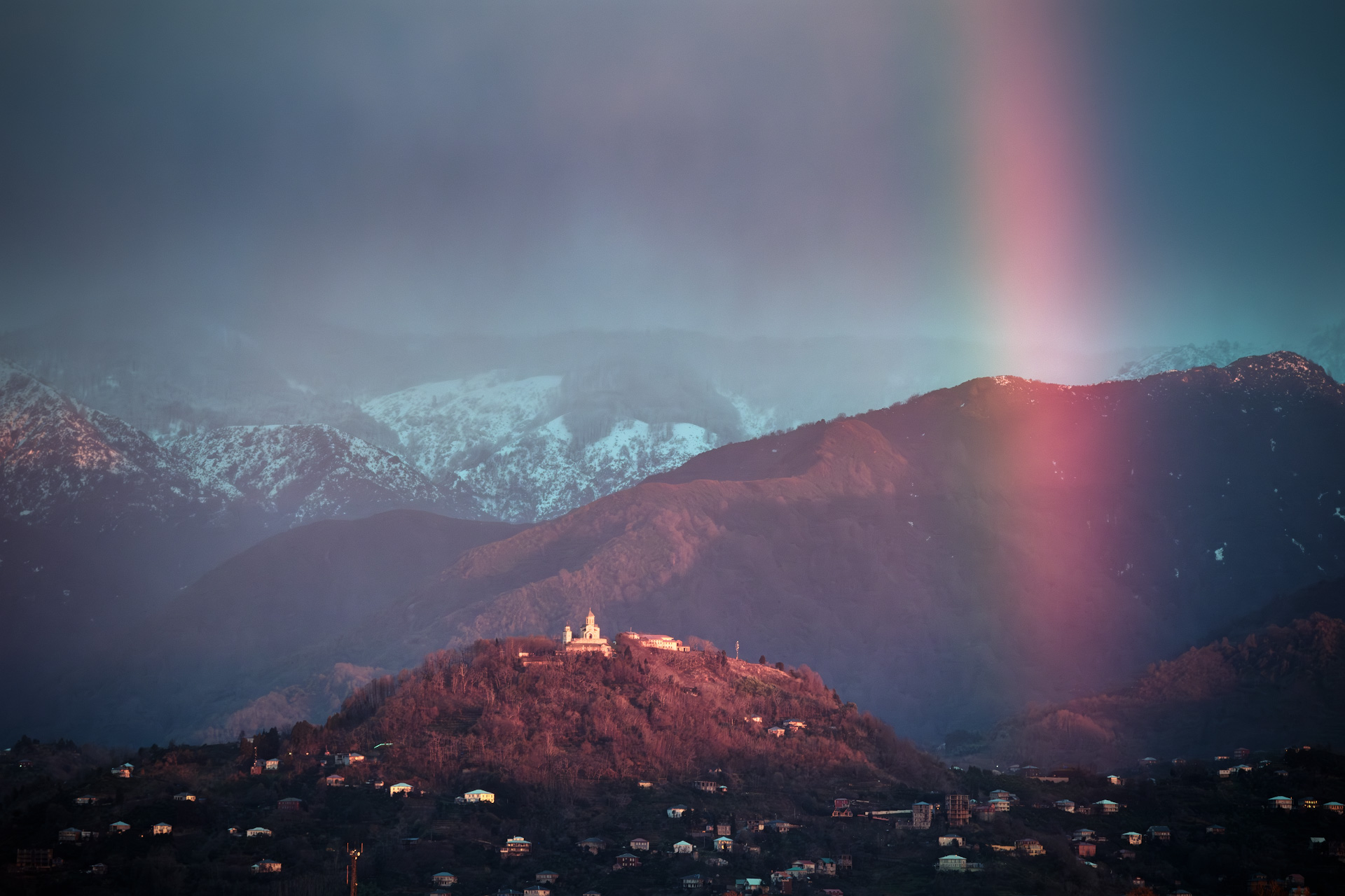 rainbow, sunset, mountains, church, clouds, overcast, light, sky, weather, landscape, scenery, travel, outdoors, caucasus, sakartvelo, georgia, adjara, batumi, chizh, Чиж Андрей