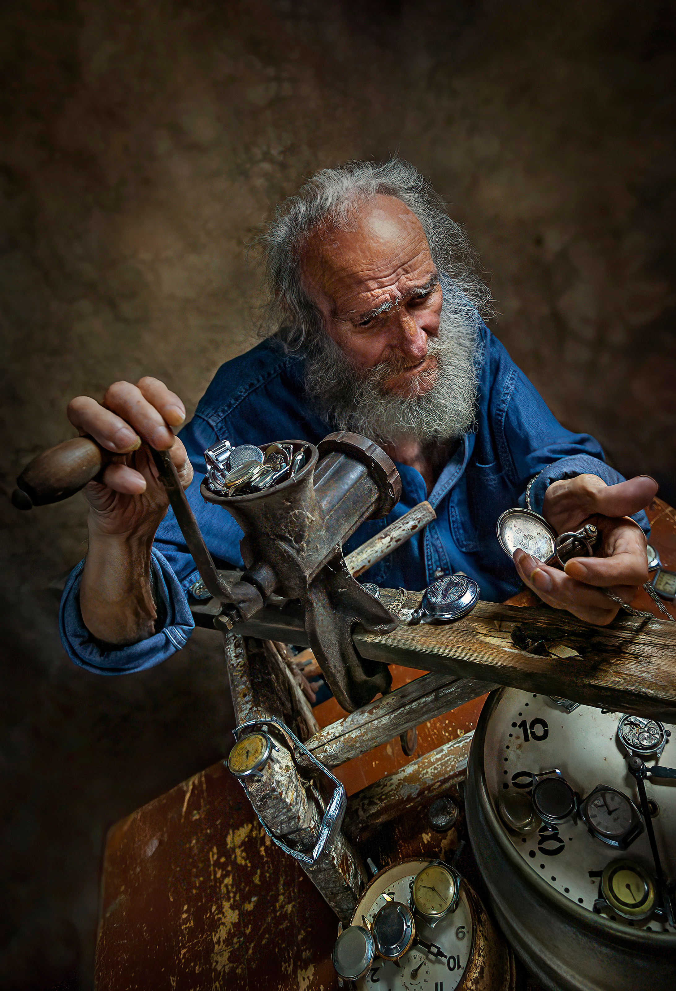 old man, fine art, portrait, clock, grind down, Hangyasi Attila