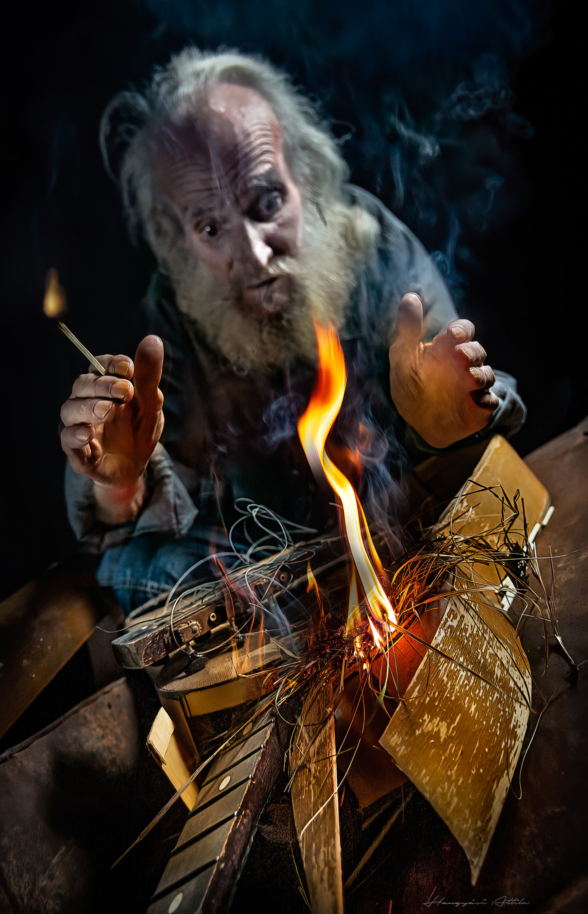 old man, fina art, portrait, flamme, guitar, Hangyasi Attila