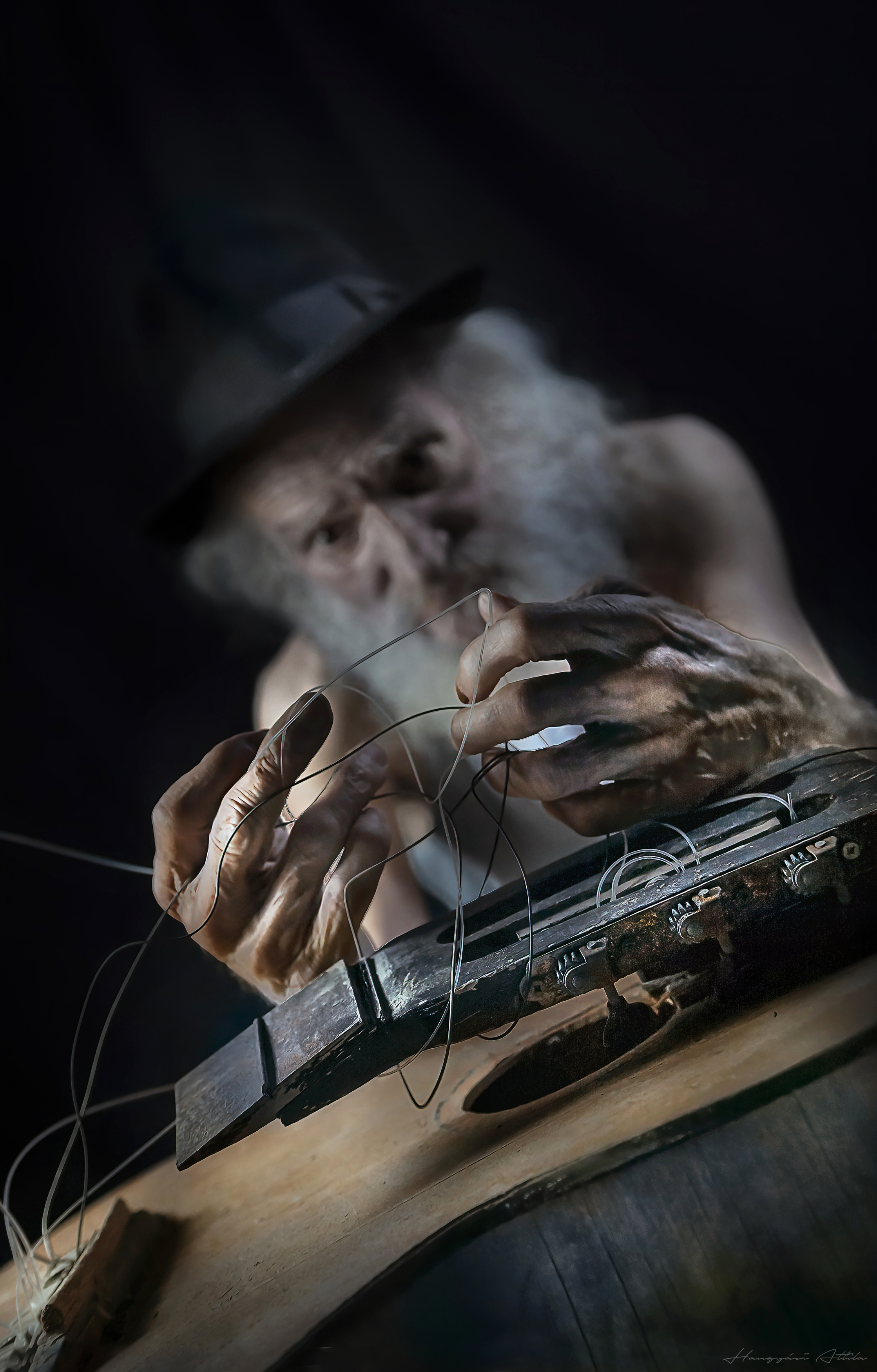 fine art, portrait, old man, broken guitar, Hangyasi Attila