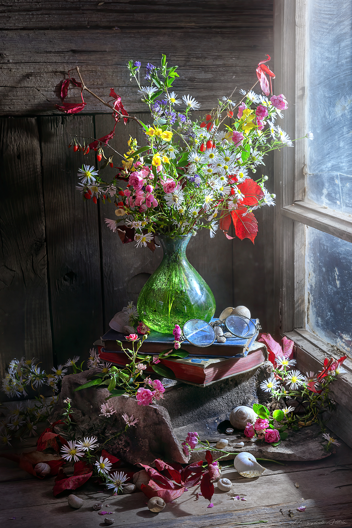 green, still life, fine art, vase, flowers, Hangyasi Attila