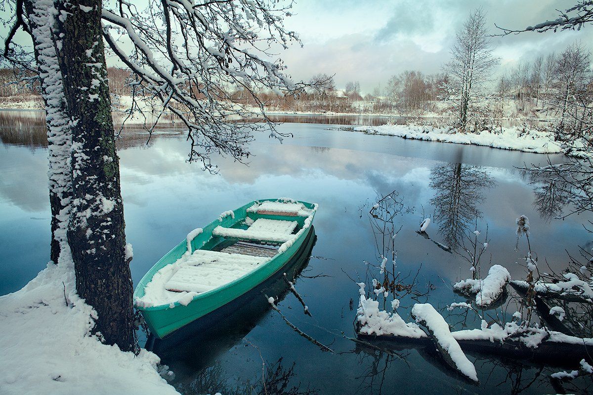 зима, лодка, озеро, пейзаж, снег,, Дмитрий Шамин