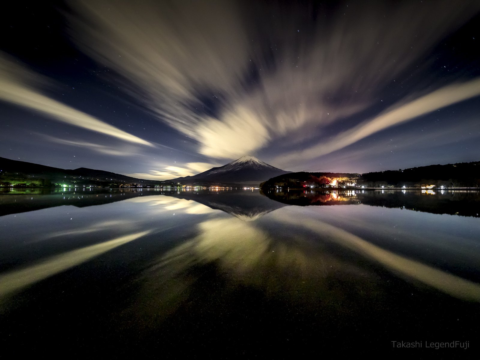 Fuji,mountain,Japan,water,lake,reflection,night,cloud,sky,butterfly,, Takashi
