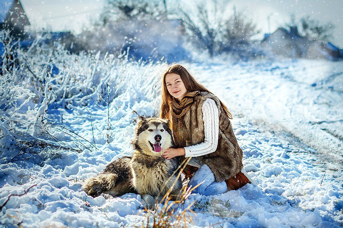 девушка, зима, маламут, портрет, собака, Юлия Сафонова