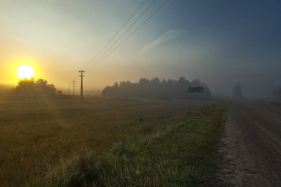 утро, туман, рассвет, столбы, провода, знак, роща, солнце, stcheslav