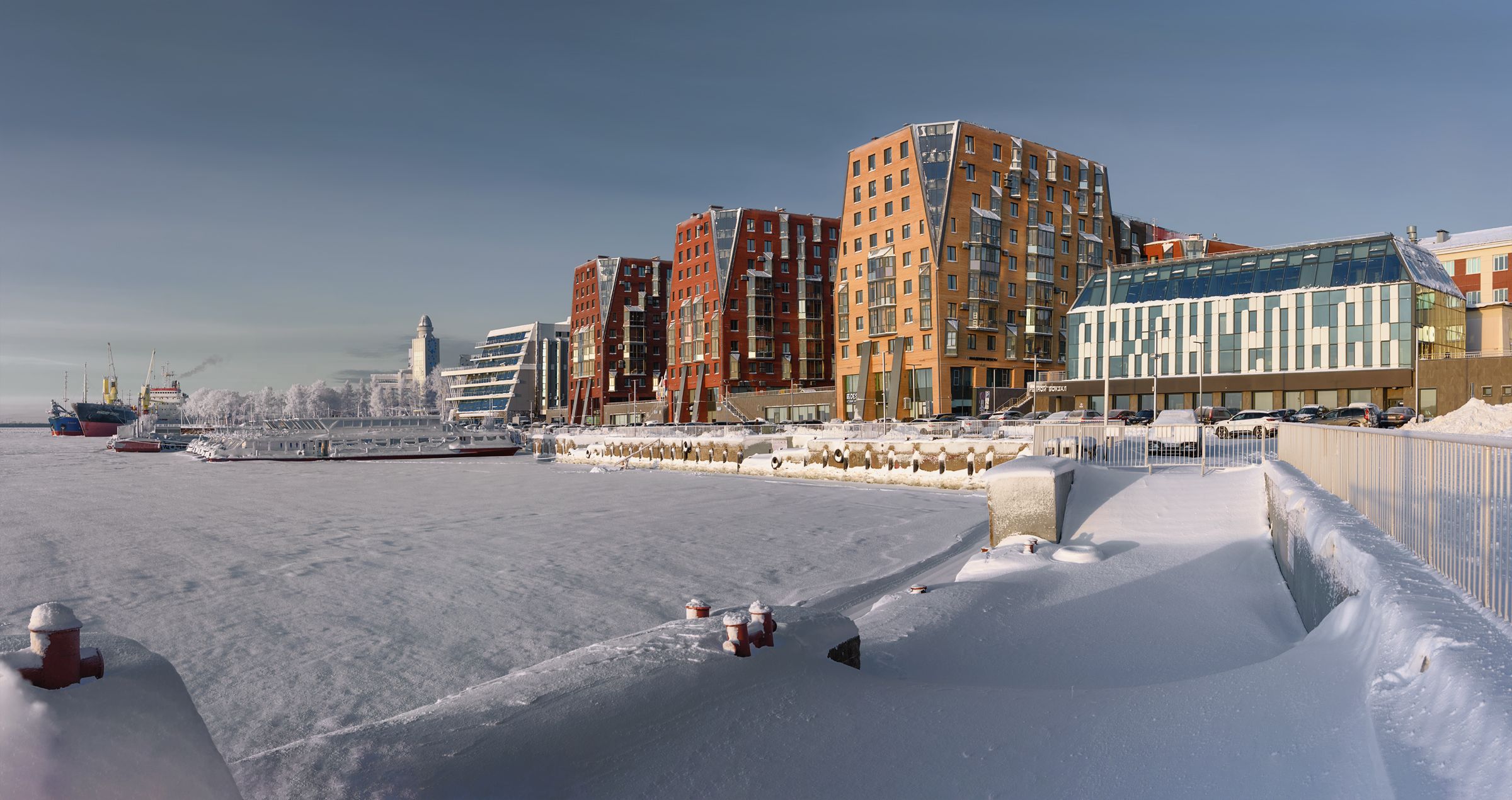 панорама, город, архангельск, набережная, зима, снег, иней, мороз, дома, причал, вечереет, Вера Ра